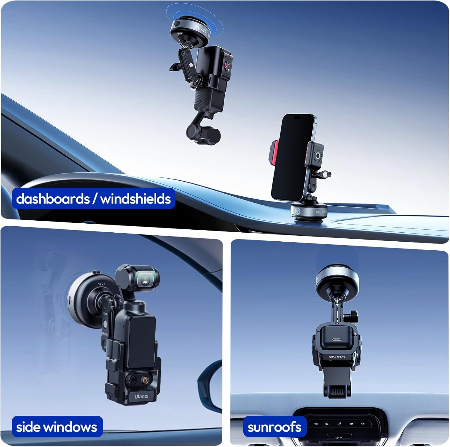 ULANZI SK-23 Electric Camera Suction Cup Mount with 1/4" Screw Hole for Gopro Hero 13/12/11/10/9, Insta360 X5/X4, DJI Osmo Pocket 3/2 Action 5 Pro/4, and Most Small Camera/Action Camera/Phone image number 2