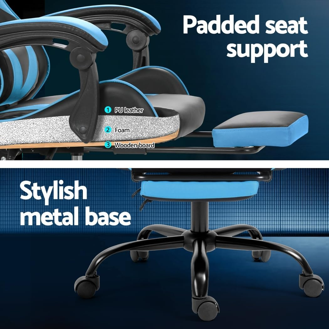 Artiss Massage Gaming Chair, PU Leather 2 Point Ergonomic Office Computer Desk Recliner Chairs Armchair for Room Executive Home, with Retracted Padded Footrest 360&deg; Rotatable Height Adjustment Blue - Blue image number 5