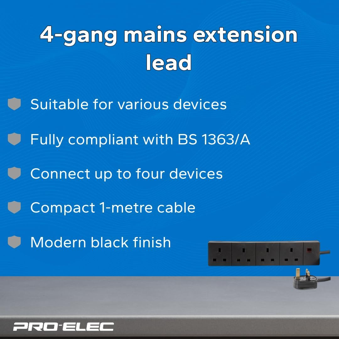 Pro Elec PELB1520 4-Gang Extension, Black, 1M Lead - Black image number 2