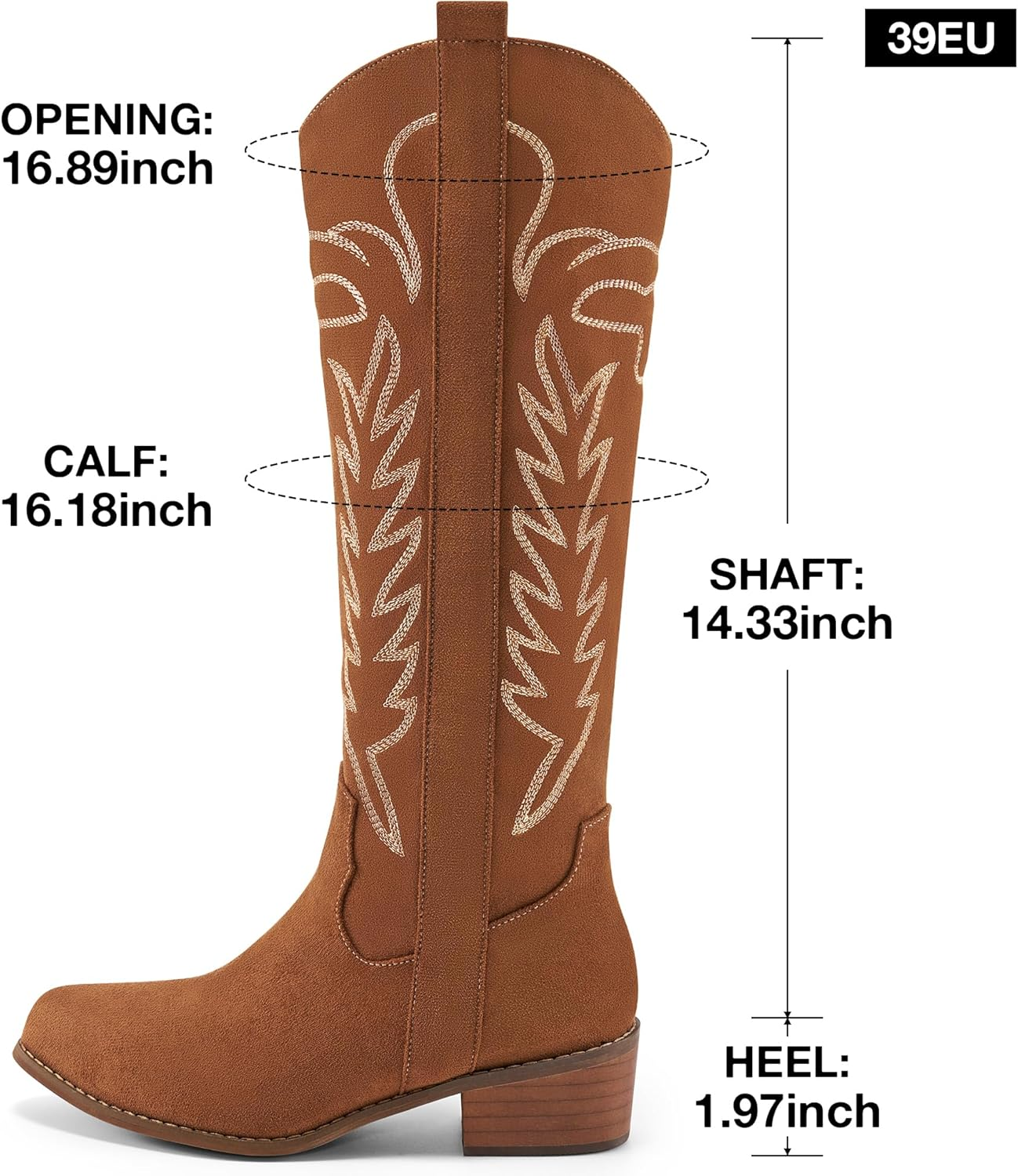 Ecetana Western Cowboy Boots for Women - Knee High Pointed Toe Chunky Heel Suede Cowgirl Boots with Wide Calf Classic Embroidered Pull on Zipper Tall Boot for 2025 Fall Winter image number 3