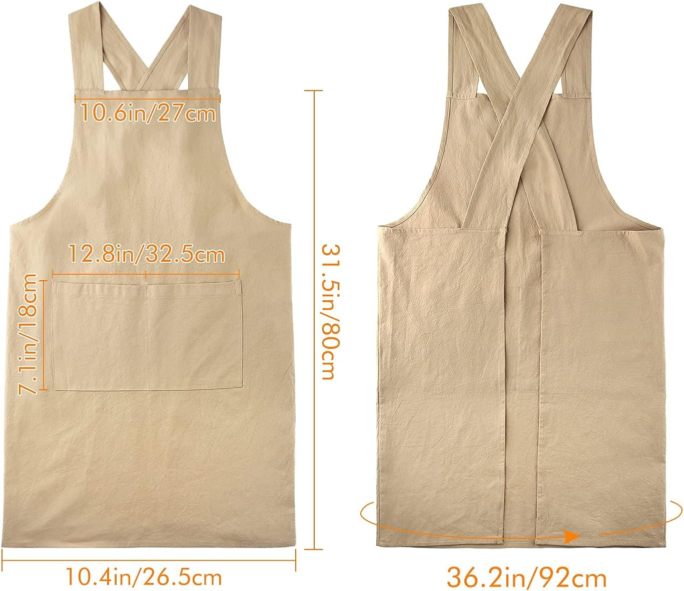 Surblue Cotton Linen Cross Back Aprons Solid Color Unisex Pinafore Vintage Apron Japanese Style with 2 Pockets for Kitchen Cooking Baking Painting Gardening Cleaning for Women Men