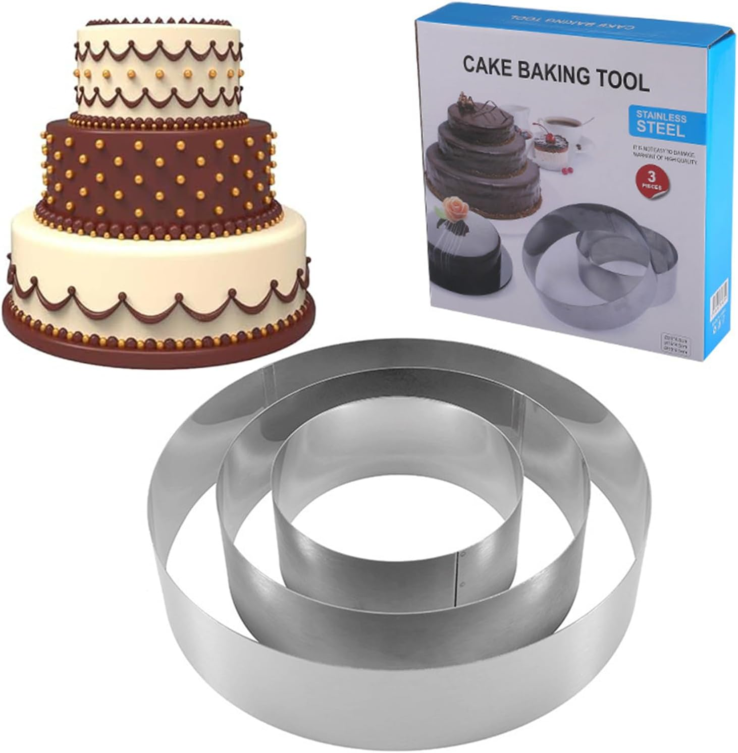 3 Pcs Cake Rings Set Mousse Cake Rings Baking Moulds Circle Pancake Mold English Muffin Ring Biscuit Cutter Set Pastry Mould Reusable Cake Pastry Molds for Making Steaming Baking Cake Decor (Round) image number 1