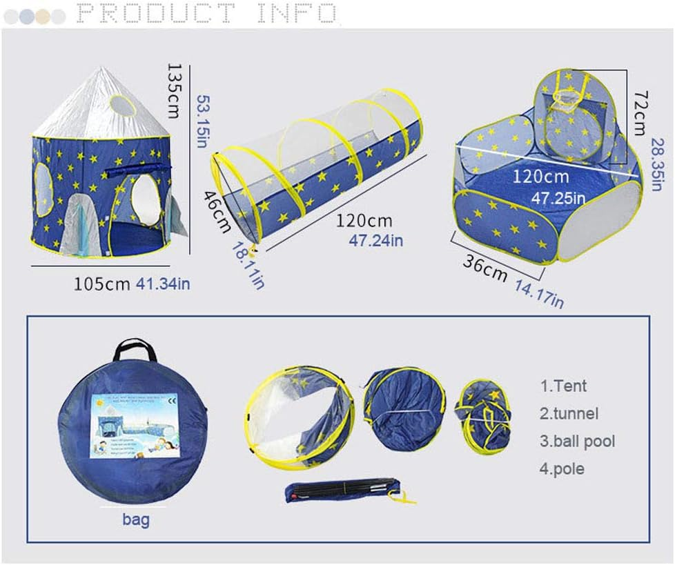 3 in 1 Sky Style Large Play Tent Crawling Tunnels and Ball Pit Set for Toddlers Indoor Outdoor with Carrying Bag (Blue) - Ocean World image number 7