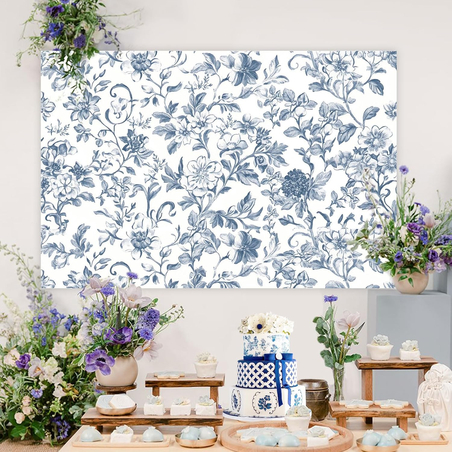 Wonmelody Blue Chinoiserie Party Decorations 5 * 3 Ft Blue Chinoiserie Backdrop Blue Floral Safari Birthday Baby Shower Backdrop Decor for Floral Blue Chinoiserie Birthday Wedding Bridal Shower image number 3