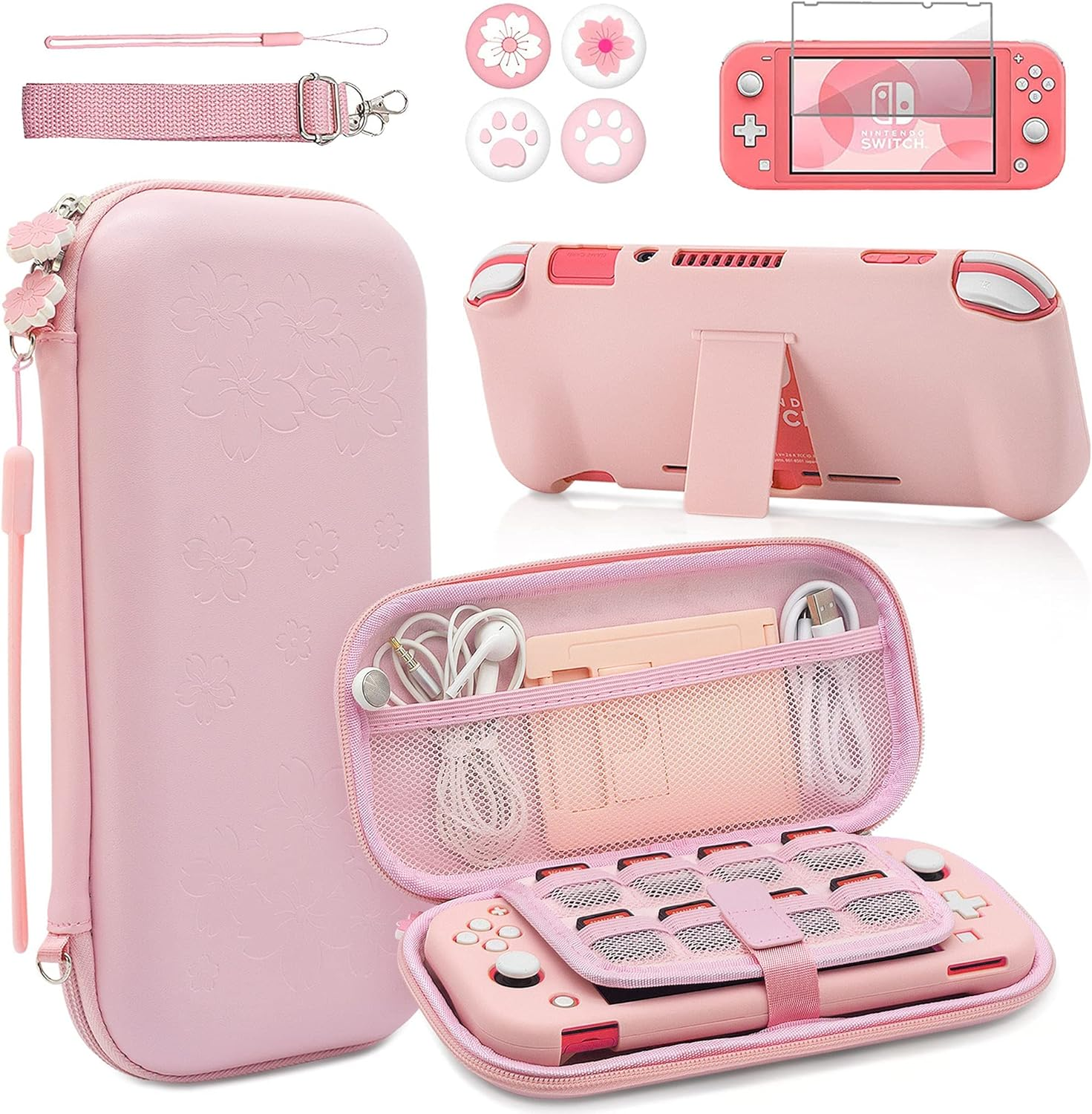 BRHE Pink Travel Carrying Case Accessories Kit for Nintendo Switch Lite, Hard Protective Cover Skin Shell with Stand, Glass Screen Protector, Sakura Thumb Grip Caps 9 in 1 image number 1