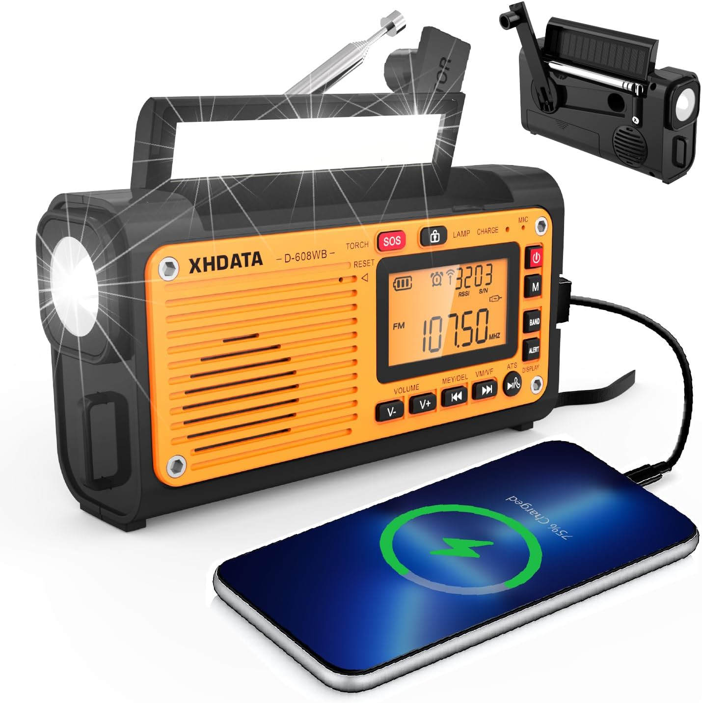 XHDATA D-608WB Portable Emergency Crank AM FM SW Radio with 3000Mah Reading Lamp, USB, Solar Power with LED Torch for Home & Outdoor Emergency,Camping image number 4