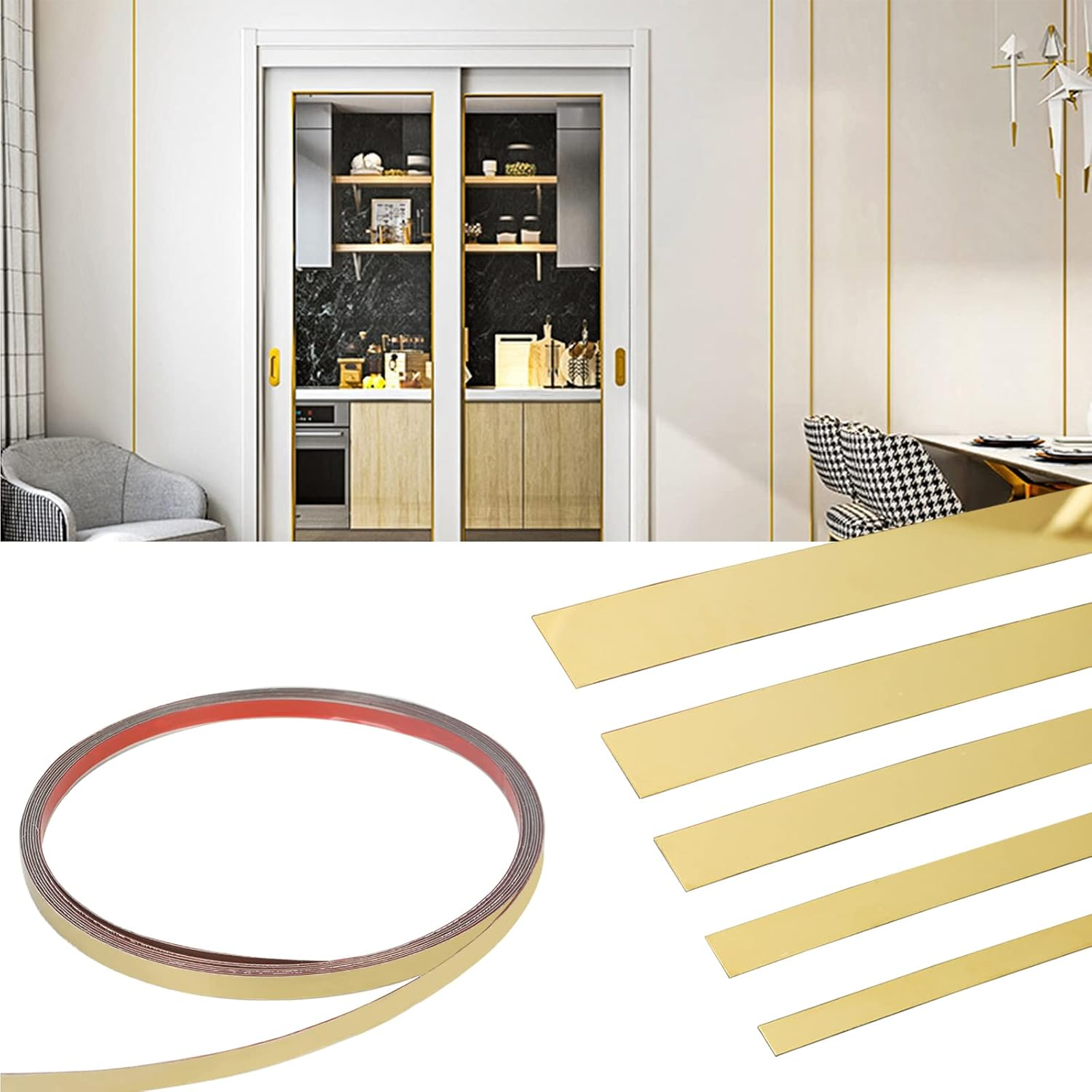 16FT Gold Wall Trim Molding Stainless Steel Wall Tape Peel and Stick Metal Trim Self Adhesive Wallpaper Strip Metalized Mirror-Like Finish for Wall Ceiling Mirror Frame Border Edge Trim image number 3