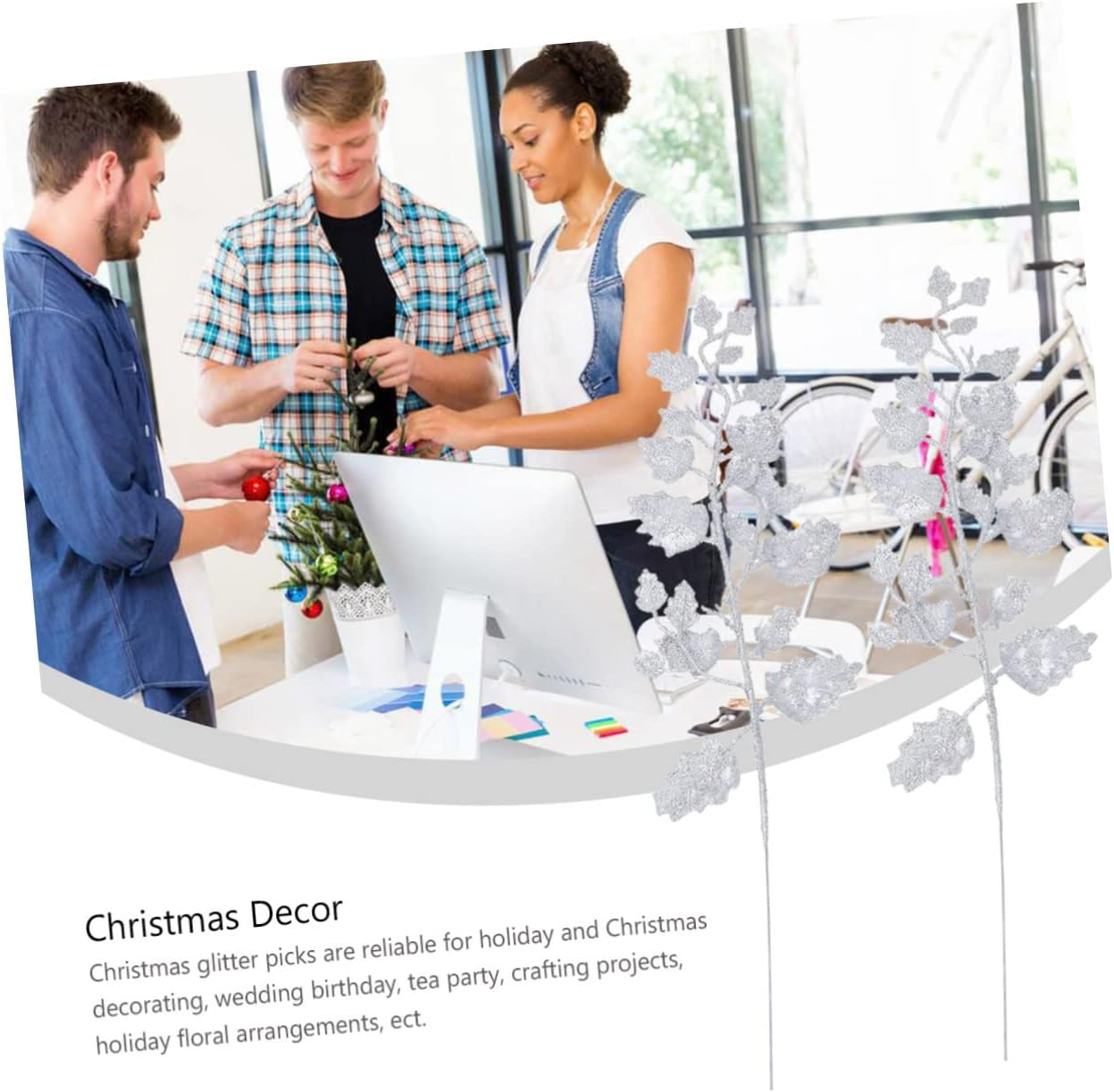 Christmas Glitter Leaves Faux Leaf Ornaments 10Pcs Holiday Decoration Home Party image number 1