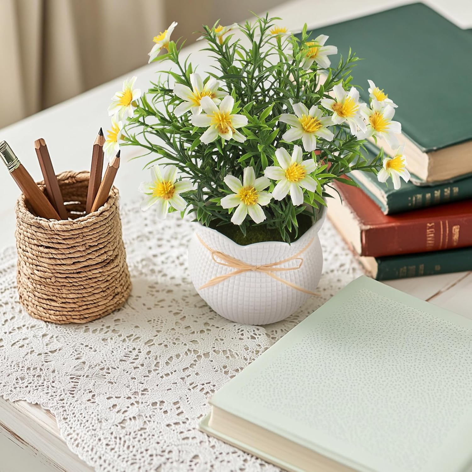 Artificial Daisy Flowers Potted Fake Plants Indoor Outdoor UV Resistant Faux Silk Bouquets All-Season Home Decor for Vase Table Desk Garden Party