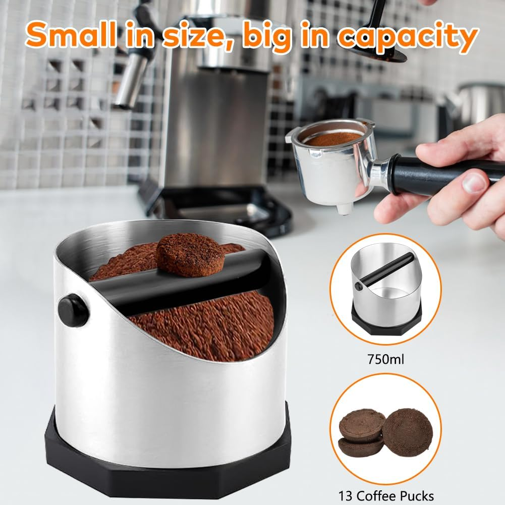 Coffee Knock Box and Tamper Mat Set Coffee Grounds Knock Box and Anti-Slip Silicone Tamp Mat Coffee Bin Accessories for Home Coffee Bar (Stainless Knock Box + Tamper Mat) - Stainless Steel image number 4
