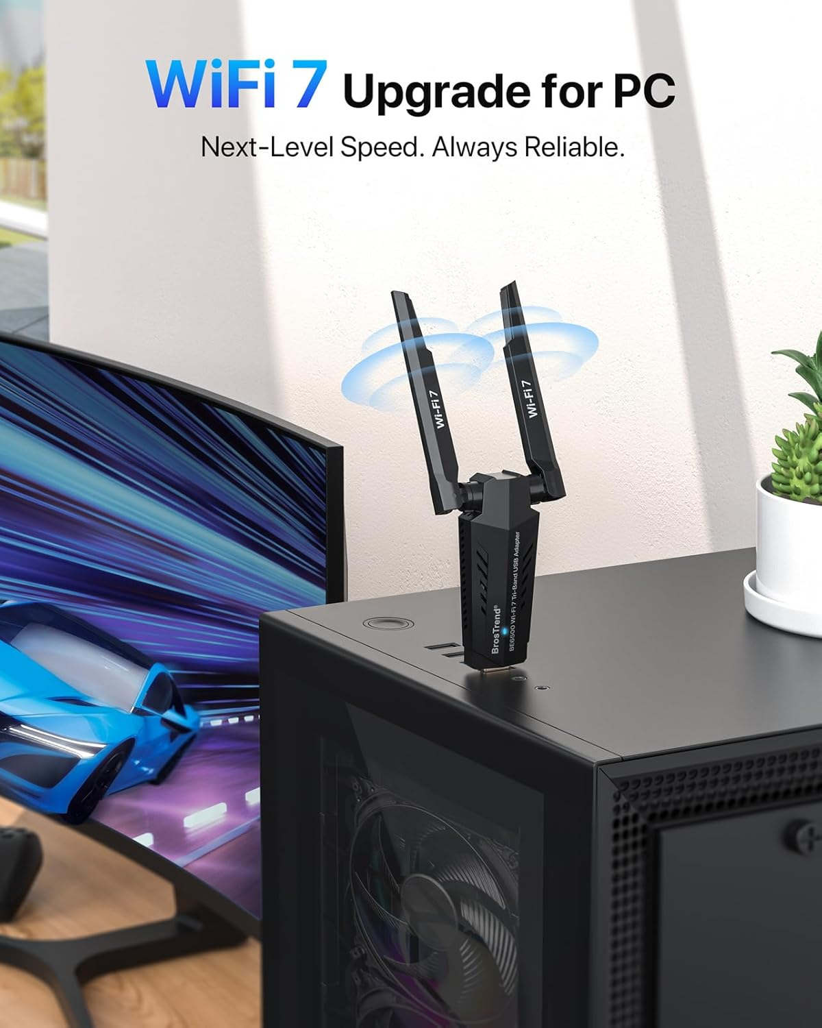 Brostrend BE6500 Wi-Fi 7 USB Wifi Adapter for PC Desktop Laptop, Long Range Wifi Dongle Tri-Band 6Ghz 2882Mbps + 5Ghz 2882Mbps + 2.4G 688Mbps, Wi-Fi USB Wireless for Windows 11/10, 4K-QAM WPA3, USB3.0 image number 2