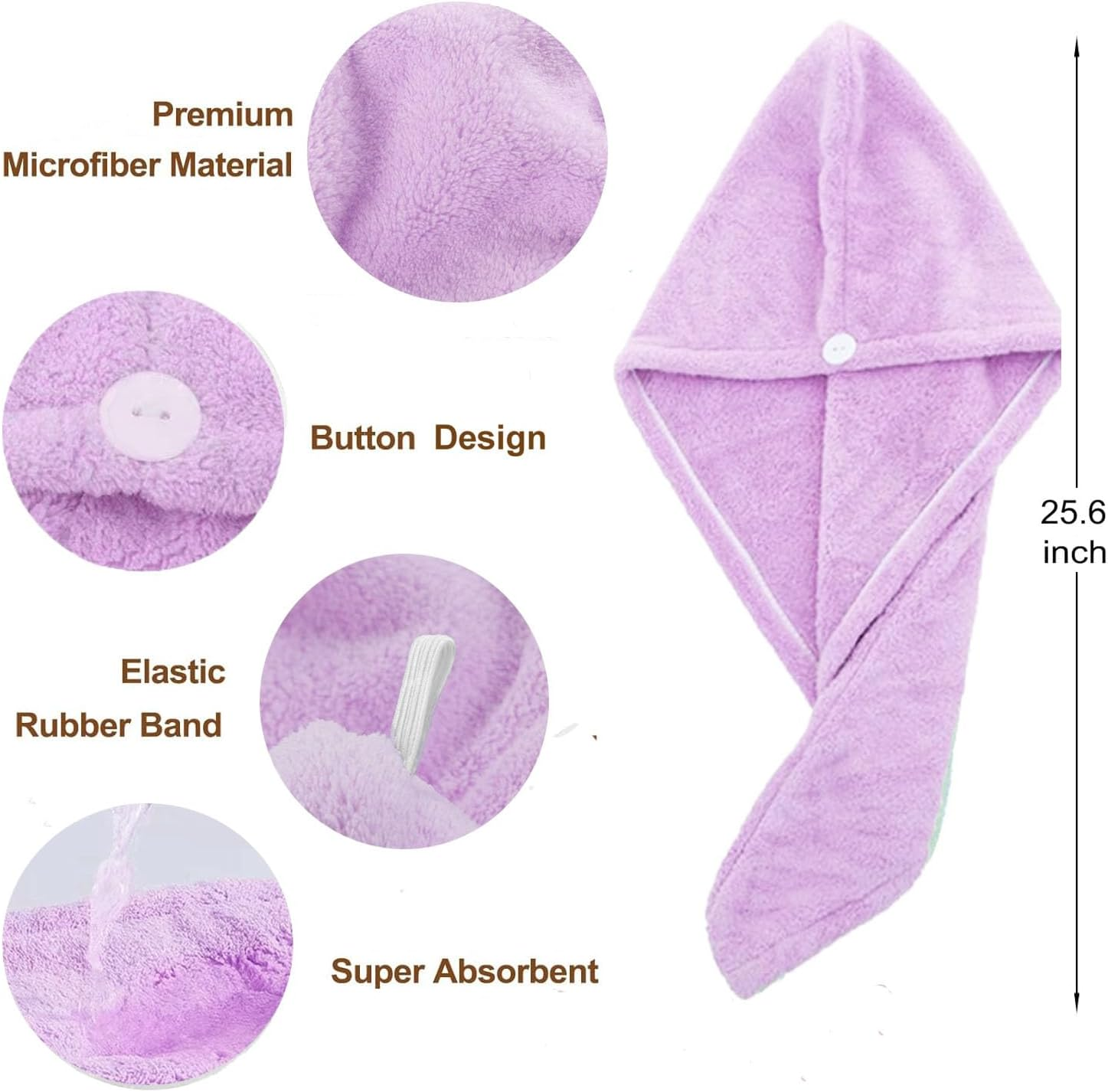 2PCS Microfiber Hair Towel - Super Absorbent Hair Turbans for Wet Hair- anti Frizz Head Towels Wrap - Drying Towels with Button for Long Curly and Thick Hair (Blue + Purple) image number 4