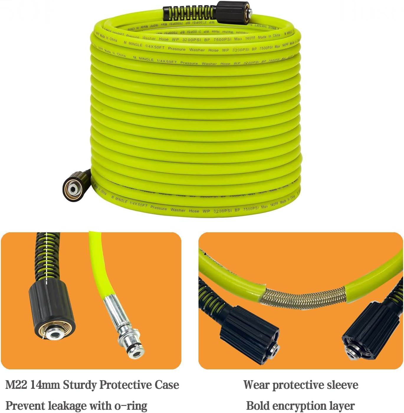 Pressure Washer Hose 50FT X 1/4" - Universal Replacement with Quick Connect Kits & M22 14Mm Fittings - 3200PSI image number 6