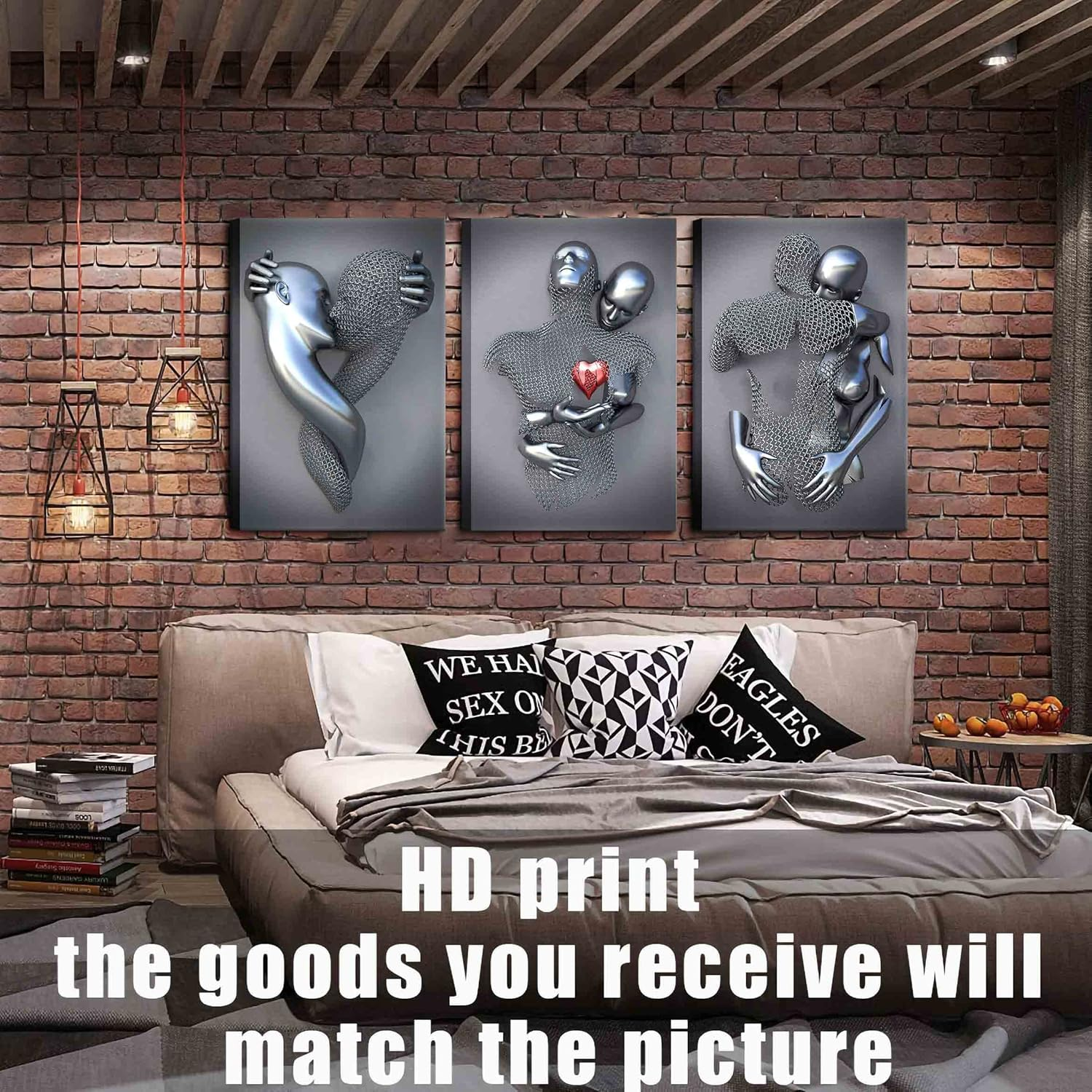 Framed Wall Art for Bedroom 3D Metal Effect Love Heart Couple Wall Art Decor for Living Room 3 Pieces Modern Abstract Grey Black and White Canvas Prints Poster Pictures Paintings for Wall Decorations image number 4