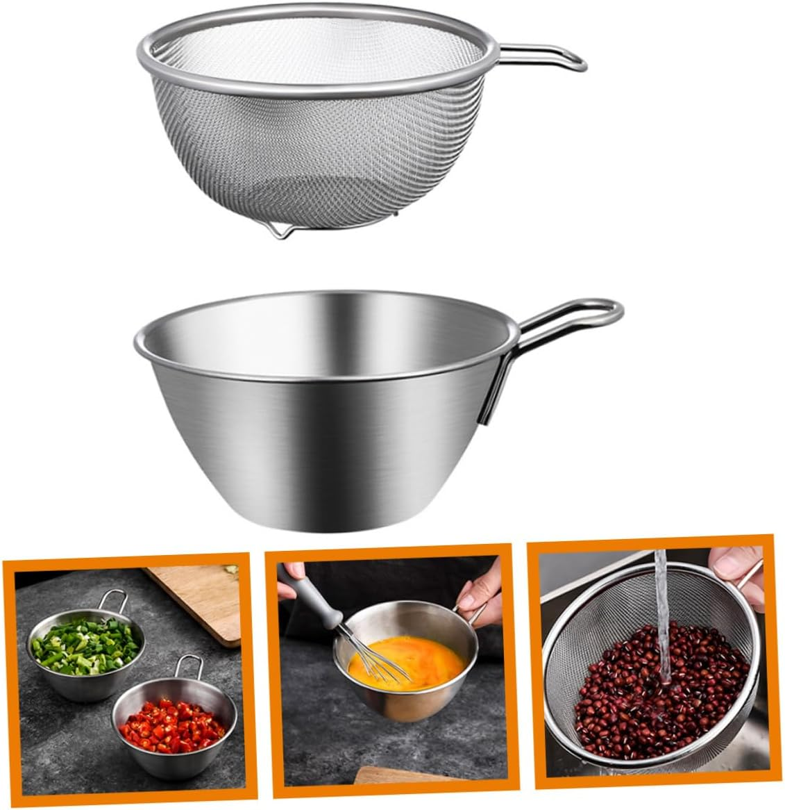 1 Set Stainless Steel Mixing Bowls Metal Mixing Bowls Metal Colander Salad Mixing Bowls Food Strainer Stainless Steel Colander Rice Colander Steel Strainer Sieve Small Water Filter image number 1