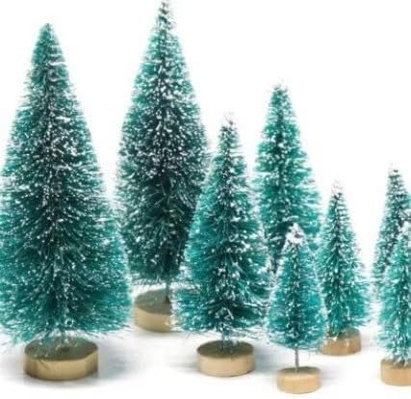 8 Pieces Christmas Mini Trees 3 Sizes Christmas Snow Sisal Tree Frosted Bottle Brush Tree with Wooden Base, Suitable for Winter Christmas Parties Family Table Crafts
