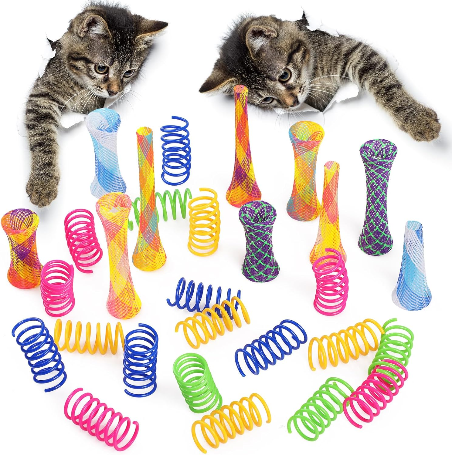 42Pcs Cat Spring Toys，Geeric 32 Short Spring+10 Elastic Hose Tube Colorful Folding Bouncing Mesh Pet Spring Tube Kitten Toy Portable Interactive Cats Toys to Swat, Bite, Hunt In/Outdoor image number 2