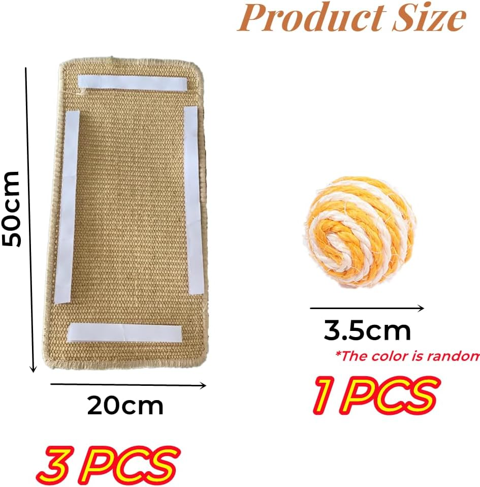 Pack of 3 Cat Scratching Mat 50 X 20 Cm, Natural Sisal Cat Scratching Pad with Adhesive Loop Tape, Cat Scratching Furniture Protective Rug + 1 Sisal Ball image number 4