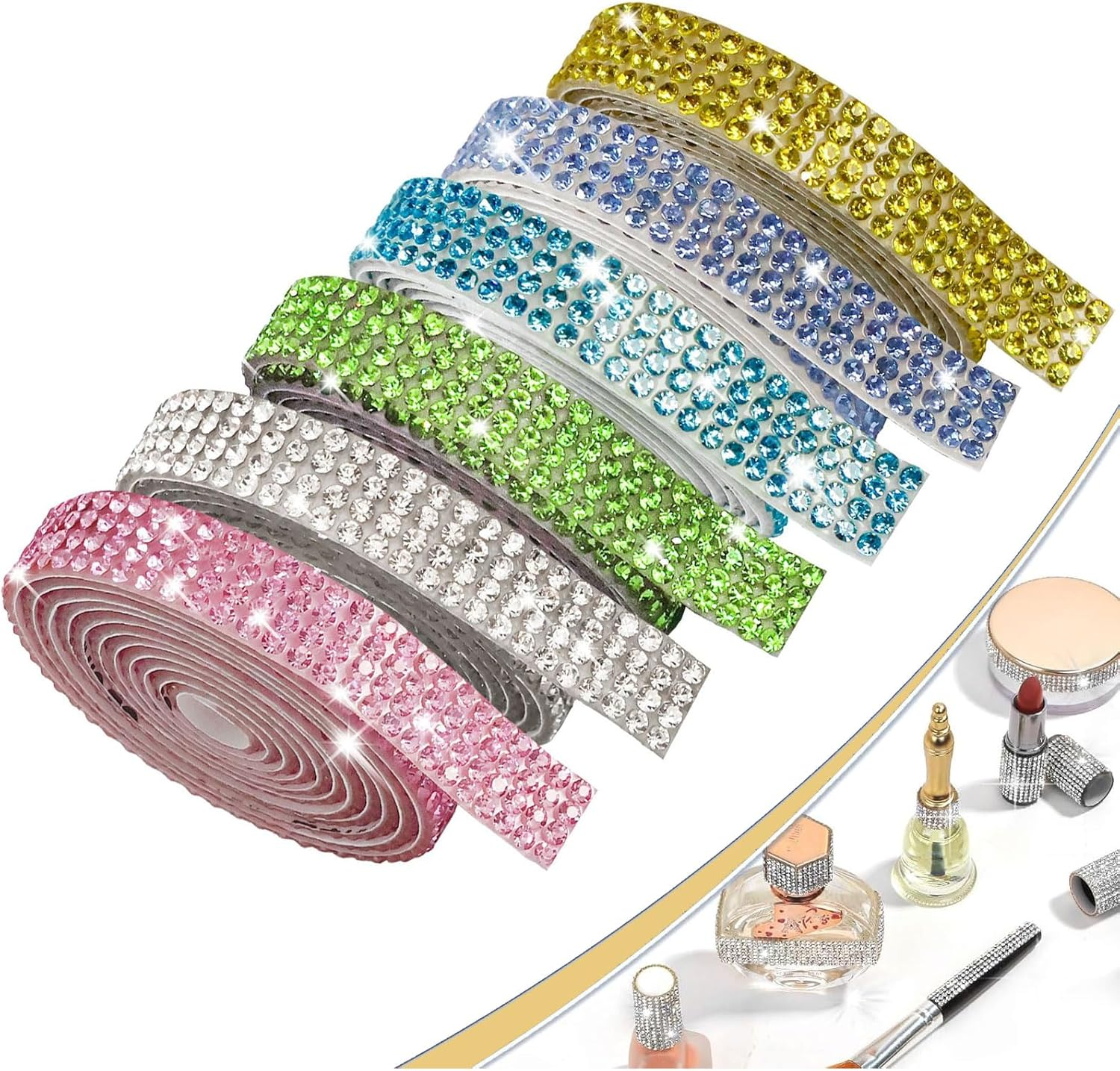 6 Rolls Colored-Adhesive Rhinestone Tape - Silver Diamond Crystal Bling Strips for DIY Crafts, Christmas Decor, Shoes, Phone, Dresser, Car Wrap | Glitter Jewel Sticker Roll（Six Colors） image number 4