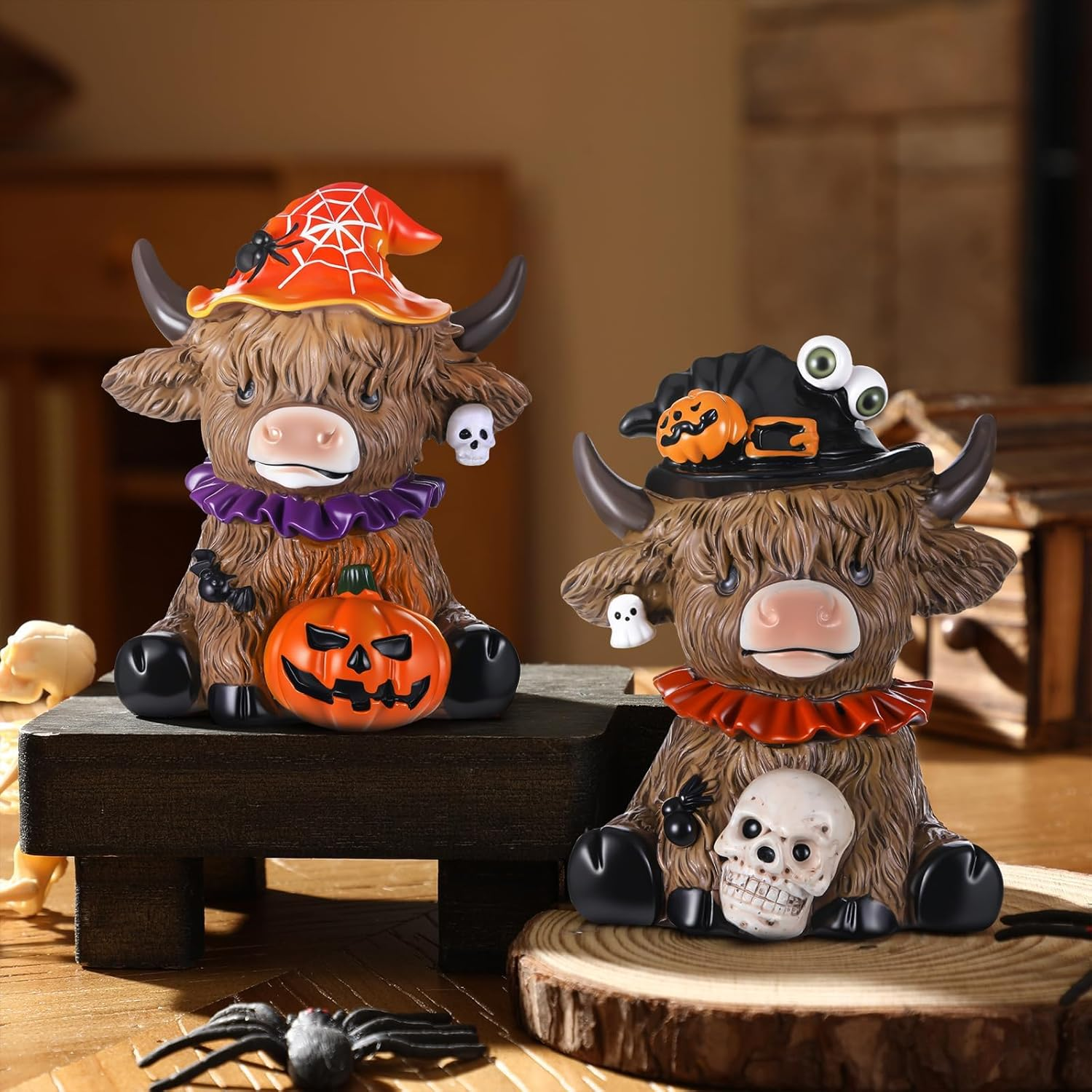 Highland Cow Halloween Decor - Unique Figurine with Pumpkin, Skull & Spider, Ideal for Indoor Home Garden Kitchen Office Table image number 6