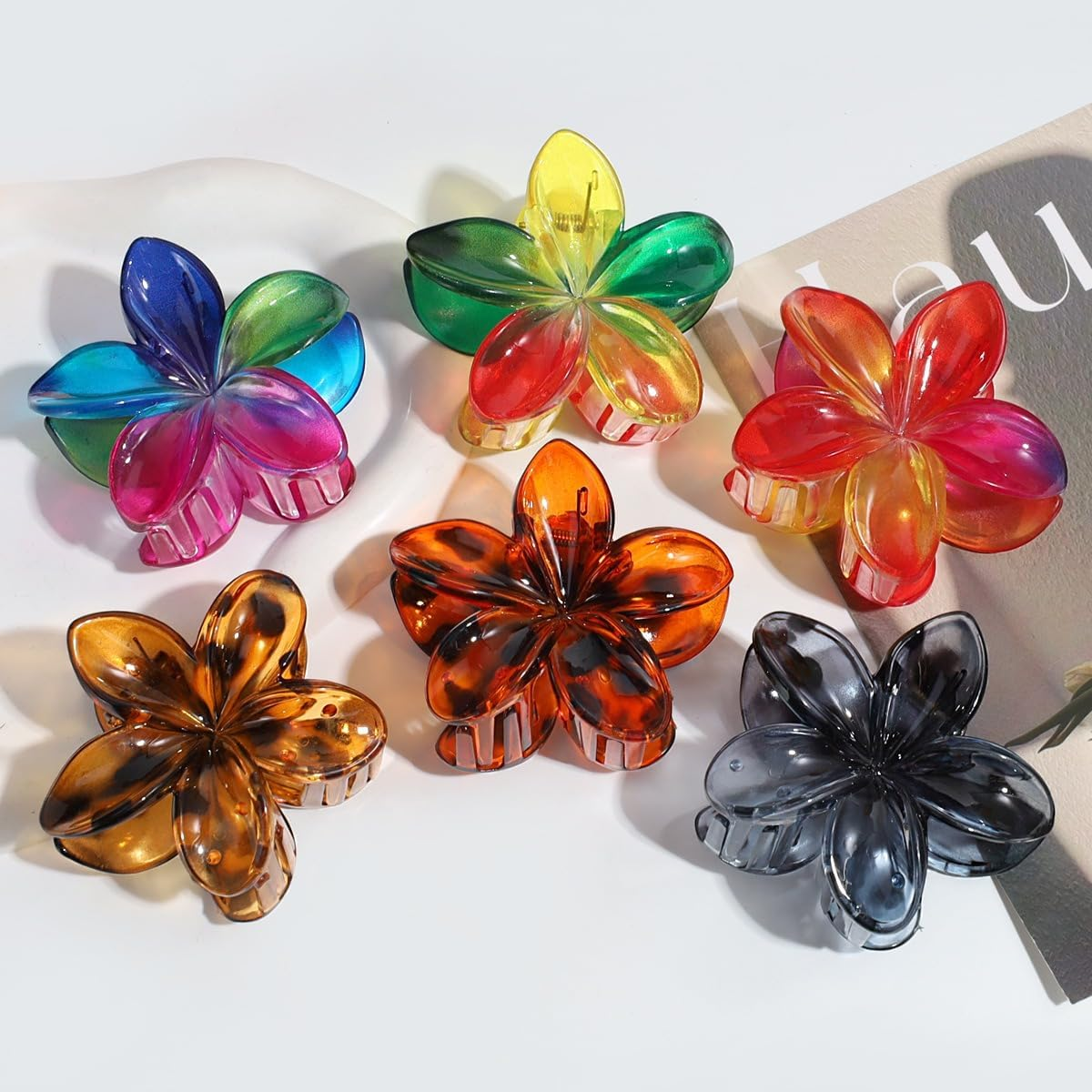 Blausky Pack of 6 Flower Hair Clips, Plumeria Flowers Hair Clips, Flower Hair Clip, Hawaiian Hair Accessories, Colourful Flower Hair Clip, Non-Slip, Cute Acrylic Hair Clips for Women, Leopard Brown image number 1
