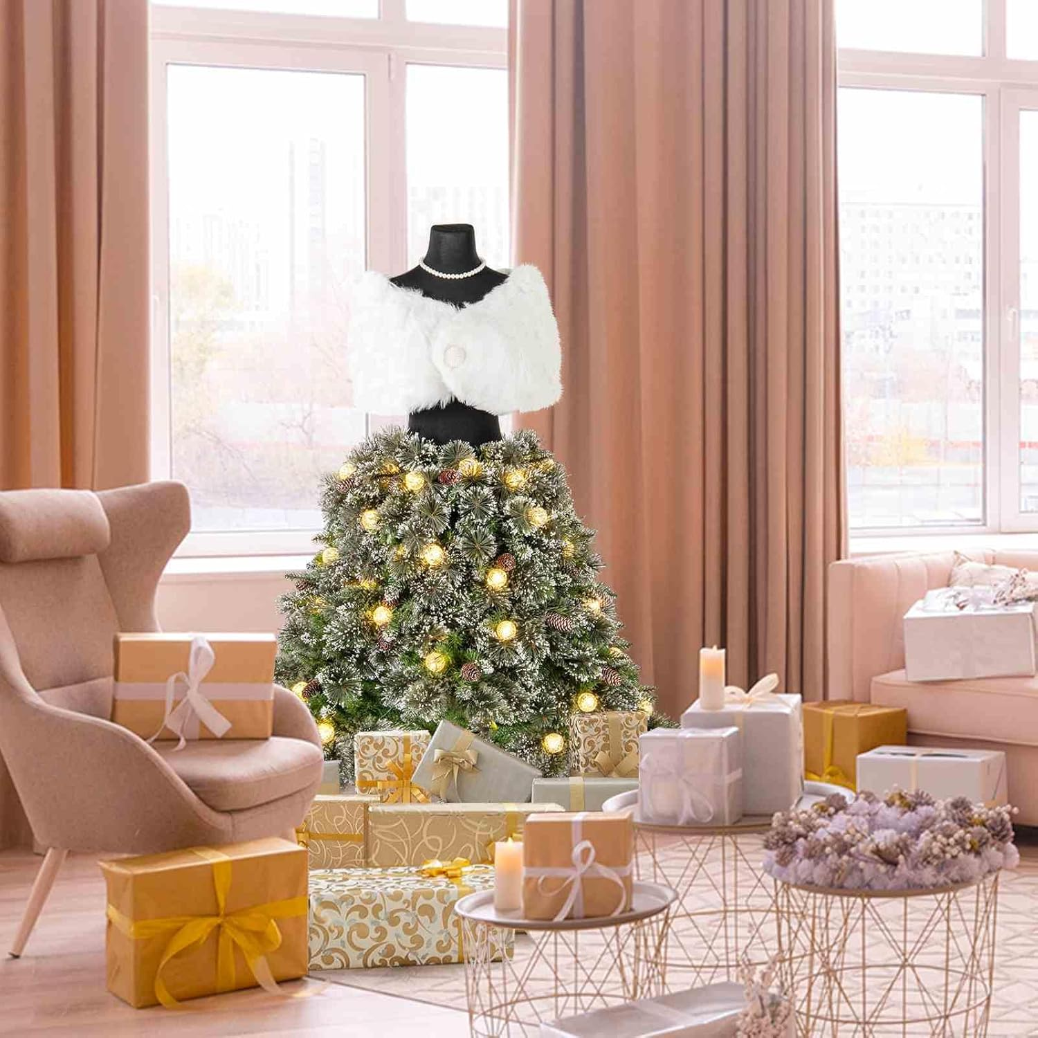 Costway 150CM Pre-Lit Mannequin Artificial Christmas Tree, Hinged Dress Form Xmas Tree W/ 465 Branch Tips, 50 LED Light Balls, 36 Natural Pine Cones, Shawl, Necklace, Holiday Decoration for Home Party image number 1