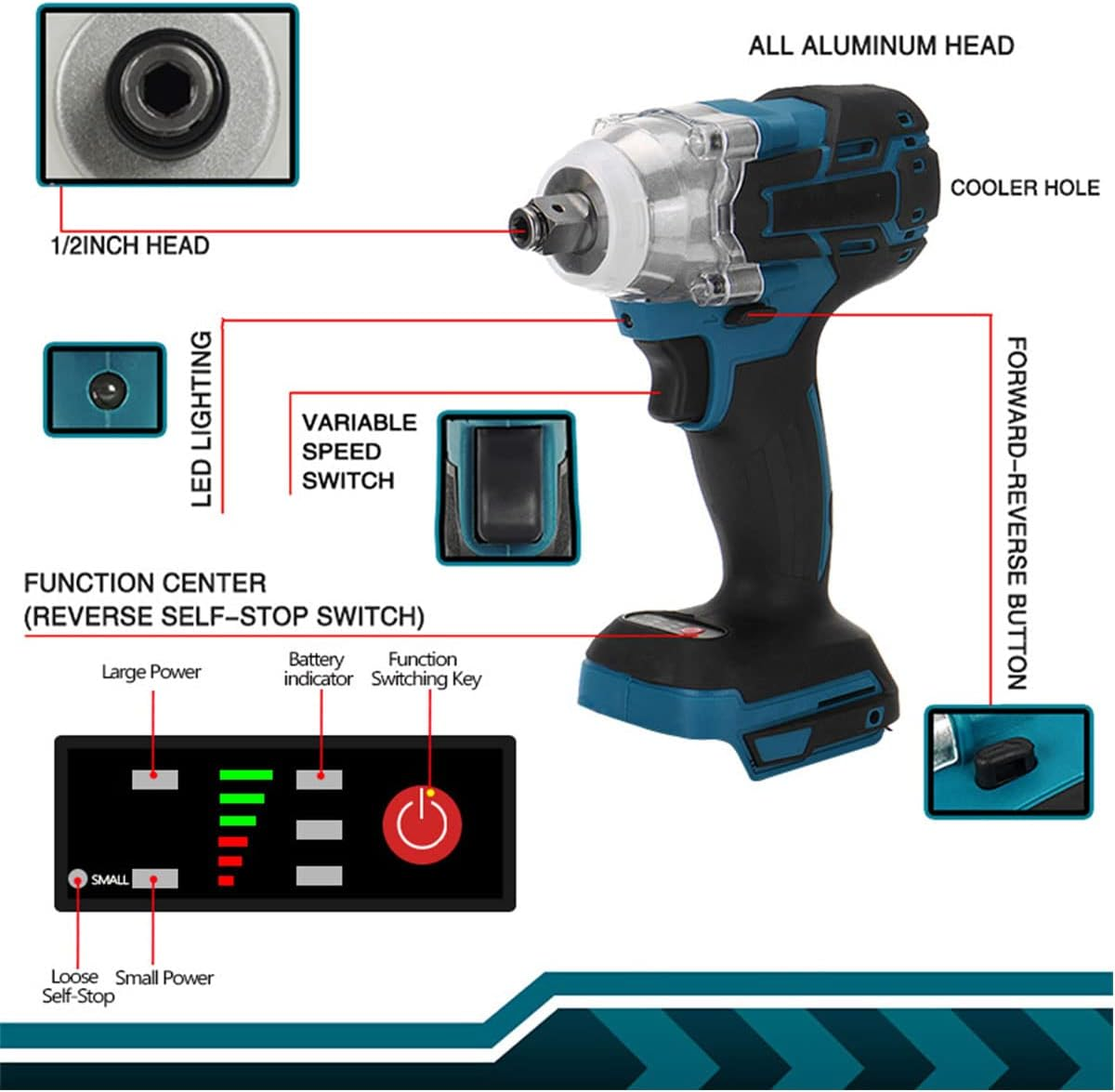 TOBAIL Cordless Electric Impact Wrench 1/2 Inch for Car Home, 520N.M Brushless, 3000RPM High Torque Gun W/ 2X 3.0Ah Battery,Charger image number 6
