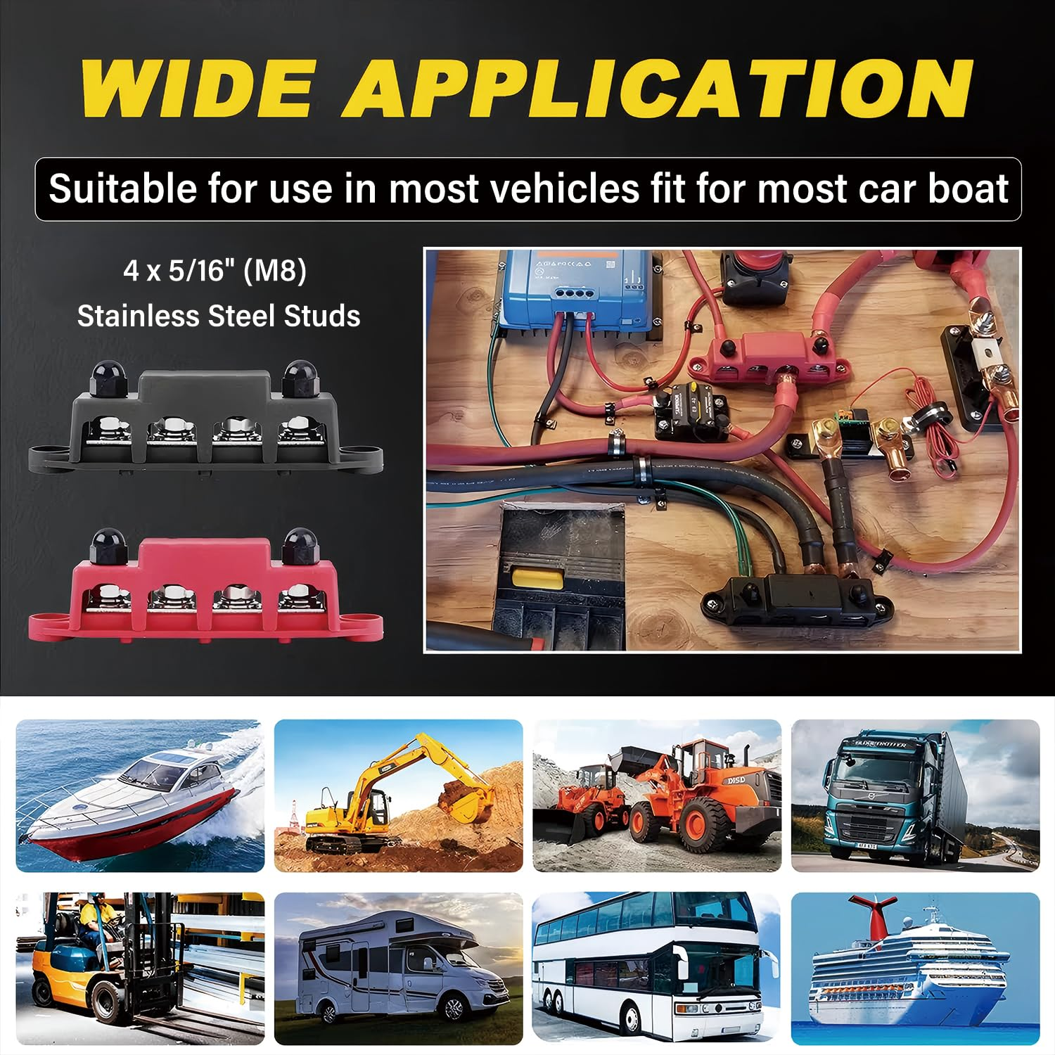 Bus Bar 250A 12V - 24V Power Distribution Block with 5/16" (M8) 4-Posts Terminals Block with Cover for Automotive, Marine, Battery System (Black & Red) image number 1