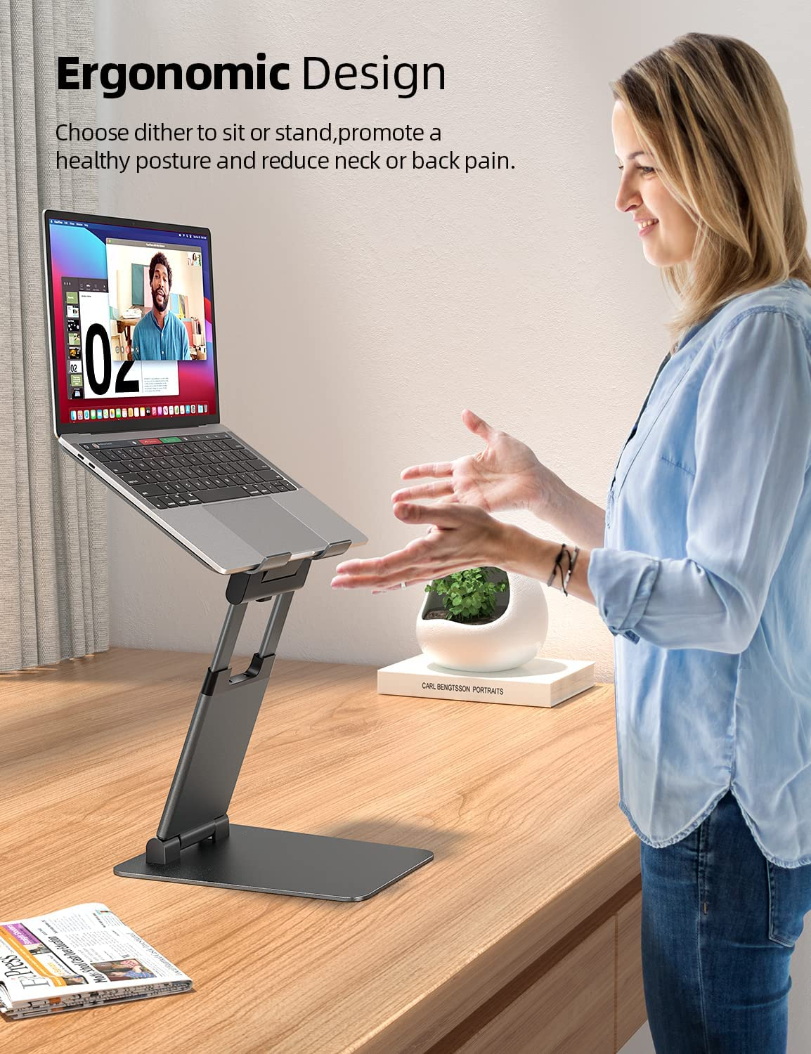 Nulaxy Laptop Stand, Ergonomic Sit to Stand Laptop Holder Convertor, Adjustable Height from 2.1" to 21", Supports up to 22Lbs, Compatible with Macbook, All Laptops Tablets 10-17" - Space Grey - A-Grey image number 3