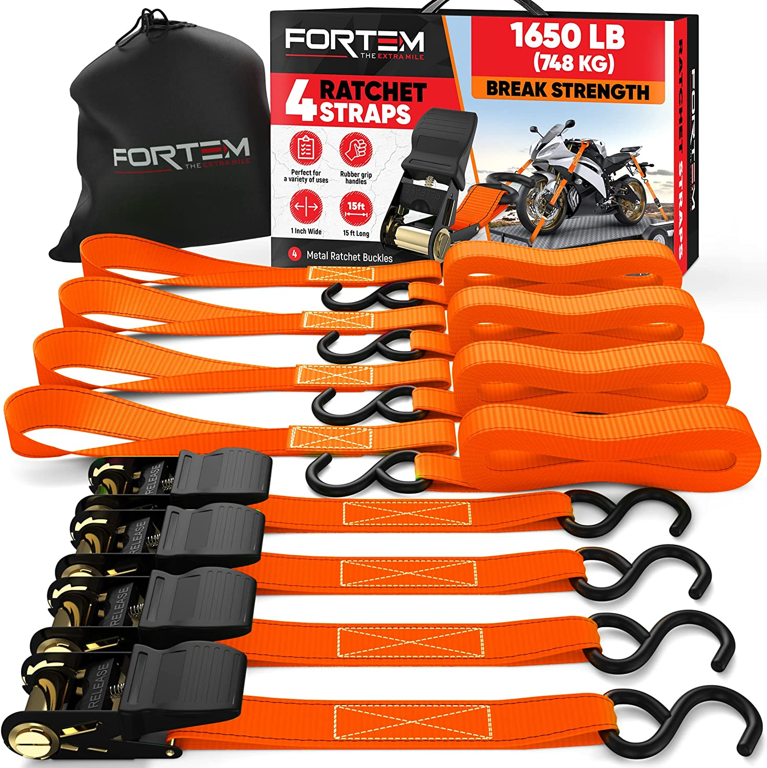 FORTEM Ratchet Straps, 2300Lb Break Strength, 4 15Ft Tie down Strap Set, 4 Soft Loops, Motorcycle Straps Tie Downs, Cargo Straps for Trucks, Rubber Handles, S-Clips, Coated Metal Hooks, (Black)