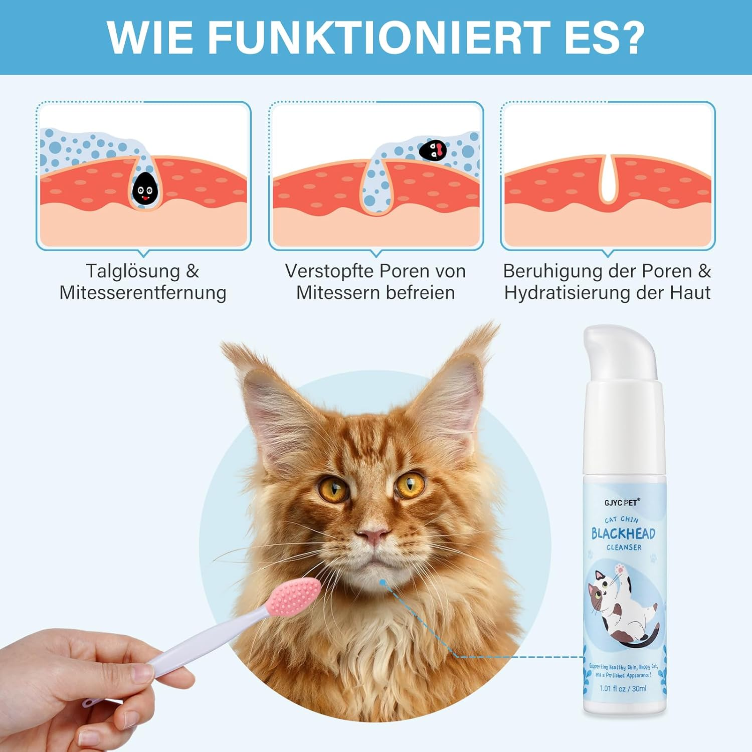 GJYC PET Cat Acne Cream, Cat Acne Chin Care Set - Gently Removes Cat Chin Blackheads, Equipped with Cat Acne Cleaning Brush, Nourishes Cat Chin Softness and Freshness, 30 Ml image number 6