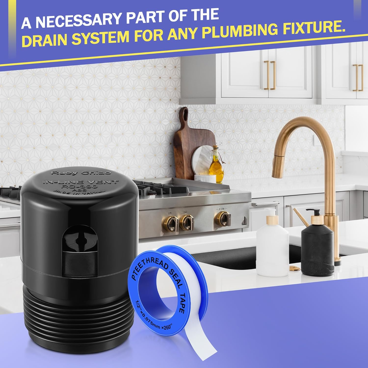 Enhon 2 Pcs 1-1/2 Inch NPT ABS in Line Vent, Diaphragm RV Air Admittance Valve for under Sink Vent with PTFE Thread Seal Tape, Drain Vent Valve, Easy to Install image number 1