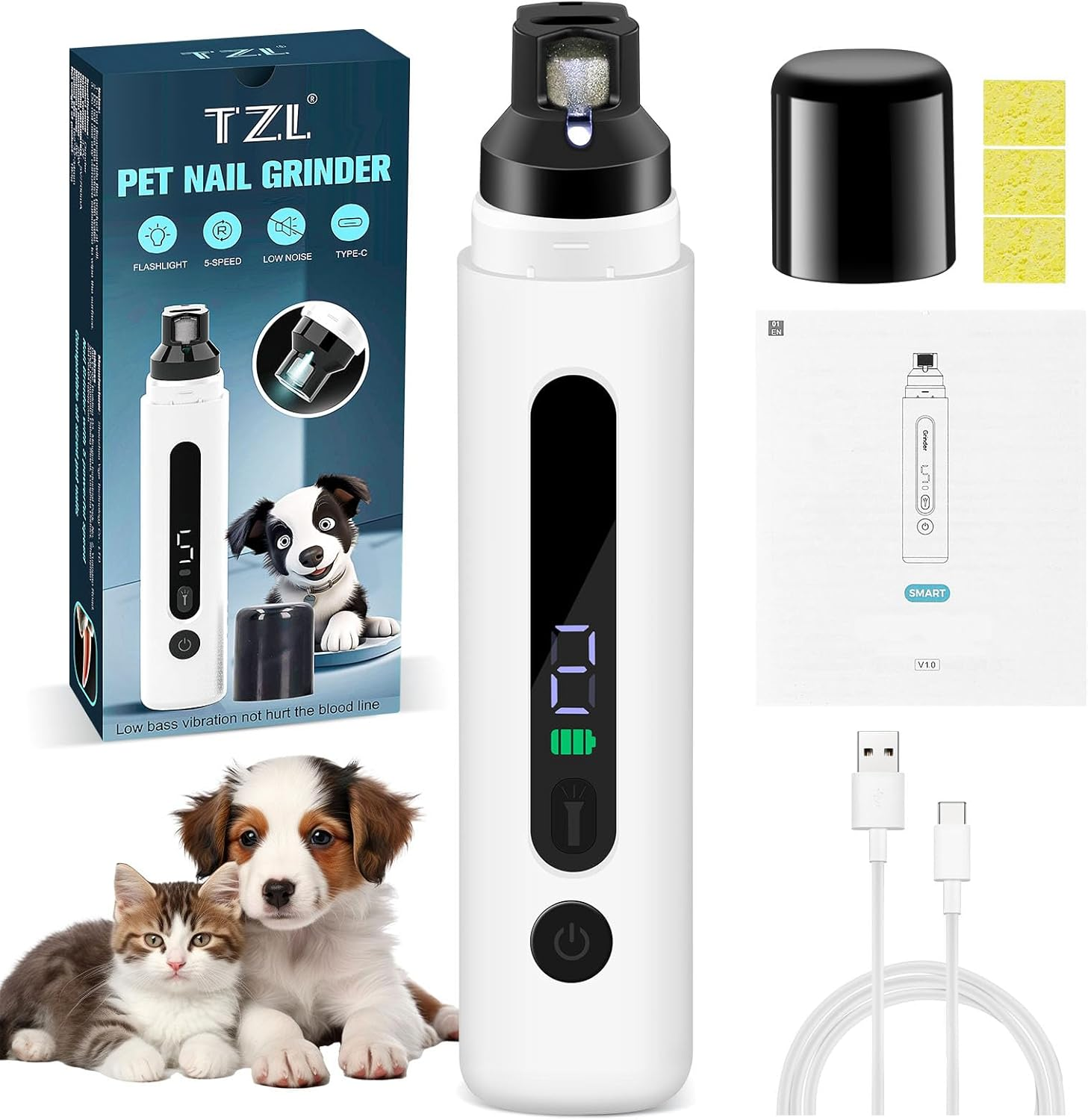 TZL Dog Nail Grinder,5-Speed and Led Display,Rechargeable Nail Trimmers,Quiet and Low Vibration Dog Nail Clippers,3 Ports for Large Medium Small Dogs Cats image number 5