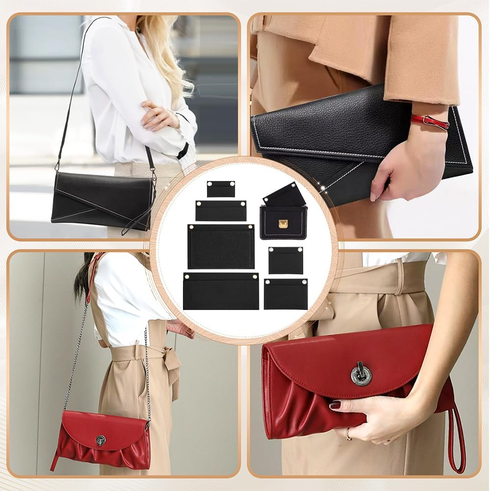 WADORN 6 Sizes Purse Conversion Organizer Insert, Felt Handbag Organizer Inner Pocket Wallet Clutch Conversion Kit with Eyelet Pochette Accessory, Black - Black image number 6