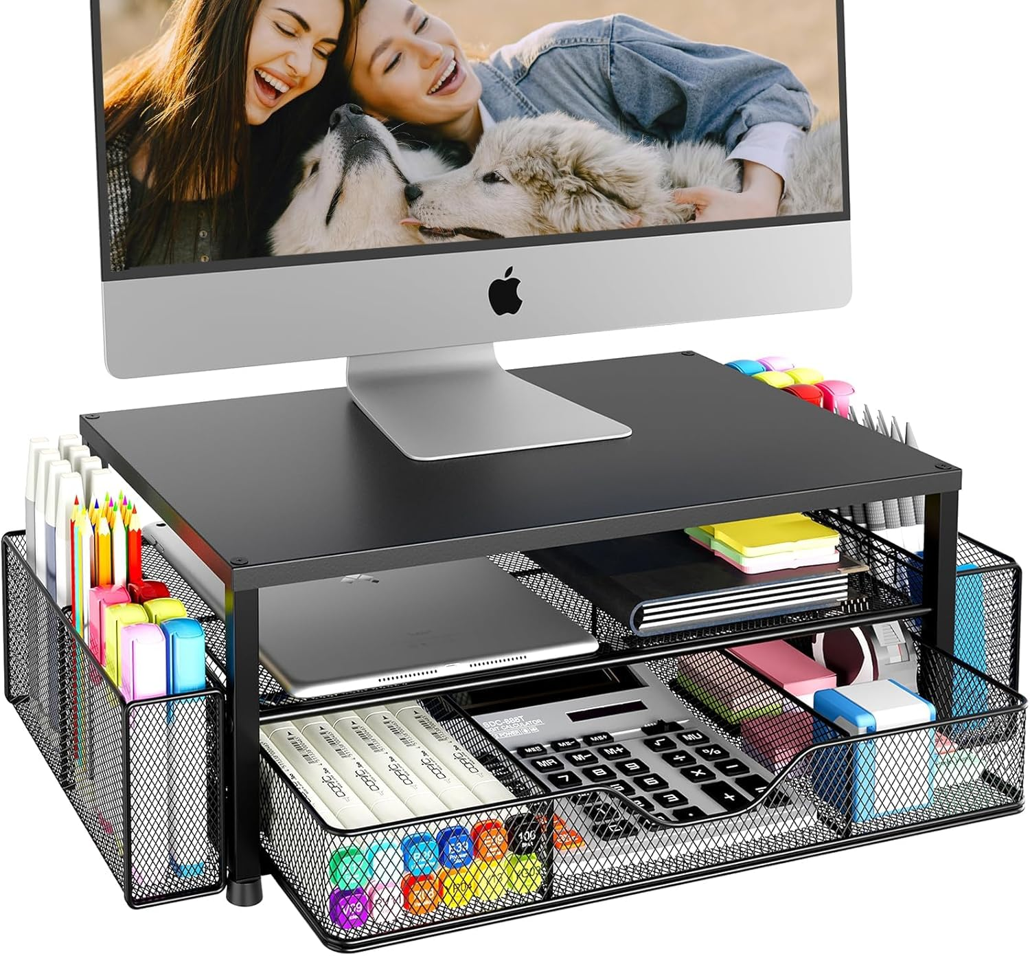Desk Organizer and Accessories, 2-Tier Computer Monitor Stand Riser with Drawer and 2 Pen Holders, Office Desk Accessories for Office Supplies ，Black image number 3
