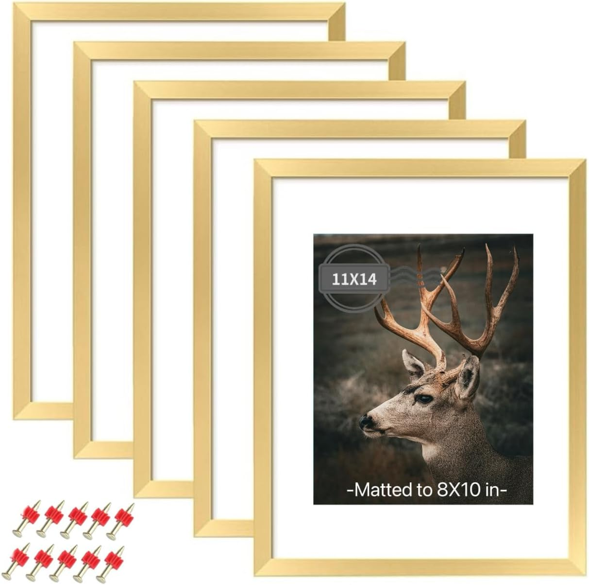 AIGOMIO 11X14 Picture Frame Set of 5, 14X11 Plexiglass Picture Frame for 8X10 with Mat or 11X14 without Mat, Wall Gallery Display Frame (Gold)