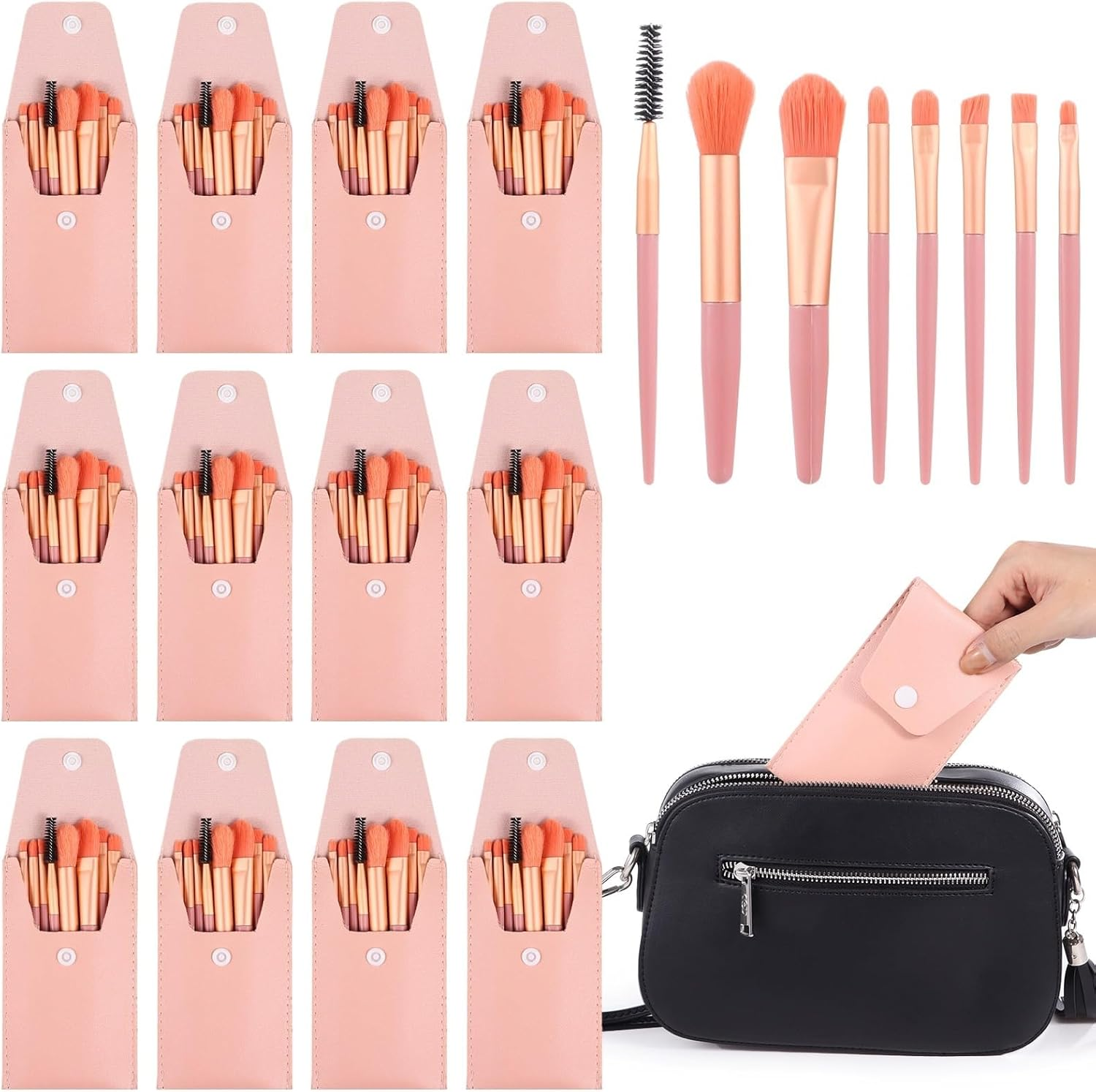 12 Sets Travel Makeup Brushes, Makeup Brush Bag with 8 Brushes, Bridesmaid Gift, Synthetic Fiber Makeup Brush, Foundation Blush Shadow Brush Set, Portable Makeup Brush Set for Weddings, Parties