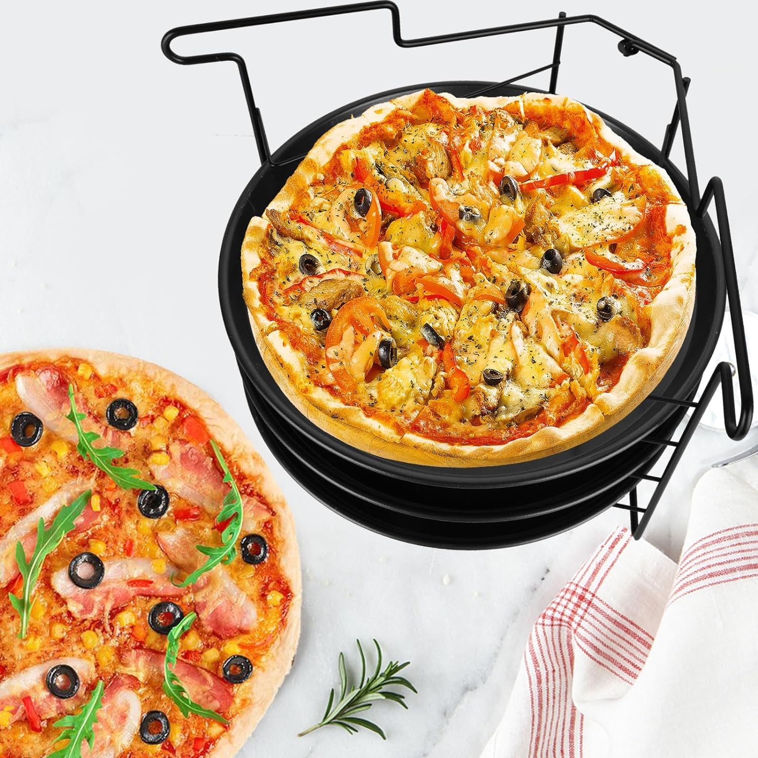 SIMTWO Pizza Tray Set of 3 with Folding Rack, Non-Stick Pizza Pans for Oven, 11Inch/28Cm round Pizza Baking Tray
