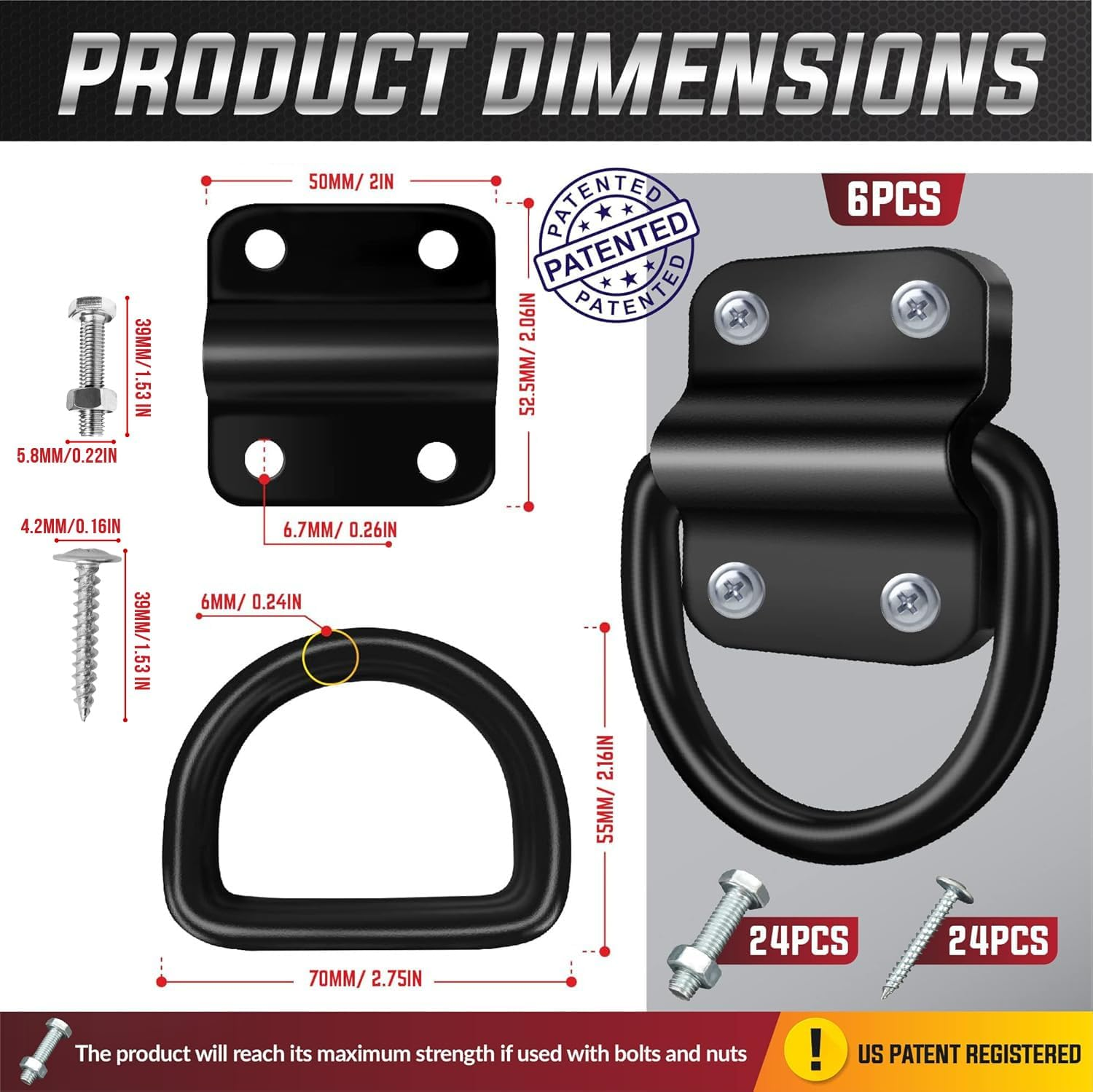 6PCS Heavy Duty Steel D Rings Tie down Anchors, Ultra Durable 3500 Pound Breaking Strength Surface Mount Hooks Securing Cargo for Trailer, Truck Bed, with Screws & Bolts image number 5