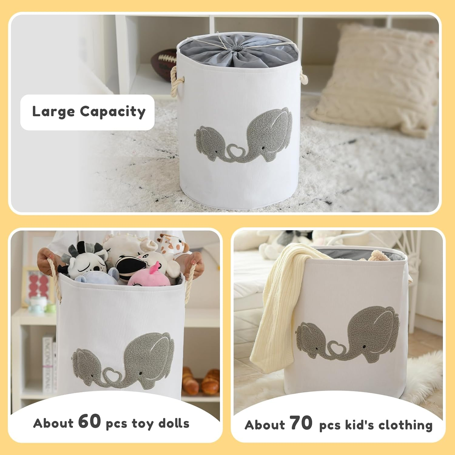 Inough Baby Hamper Extra Large Nursery Hamper, 58L Kids Toys Basket Laundry Basket for Baby'S Dirty Clothes Collapsible Storage Basket Canvas Clothes Hamper Toy Box Dorm Room Essentials for College image number 2