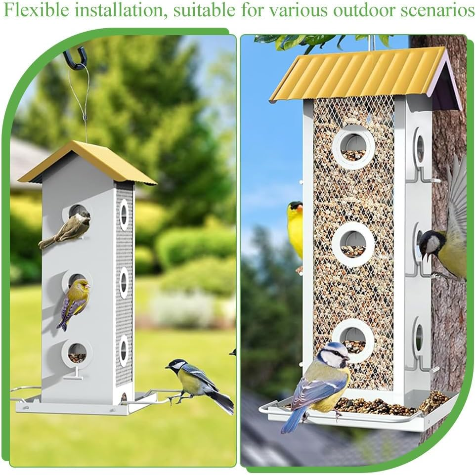 Bird Feeder,Bird Feeders,Garden Bird Feeder,Metal Birds Feed Tool,For Outdoors Double Side,Pet Supplies,Bird Supplies,For Attracting Wild Birds,With Weatherproof Roof and Seed Tray,Yellow image number 5