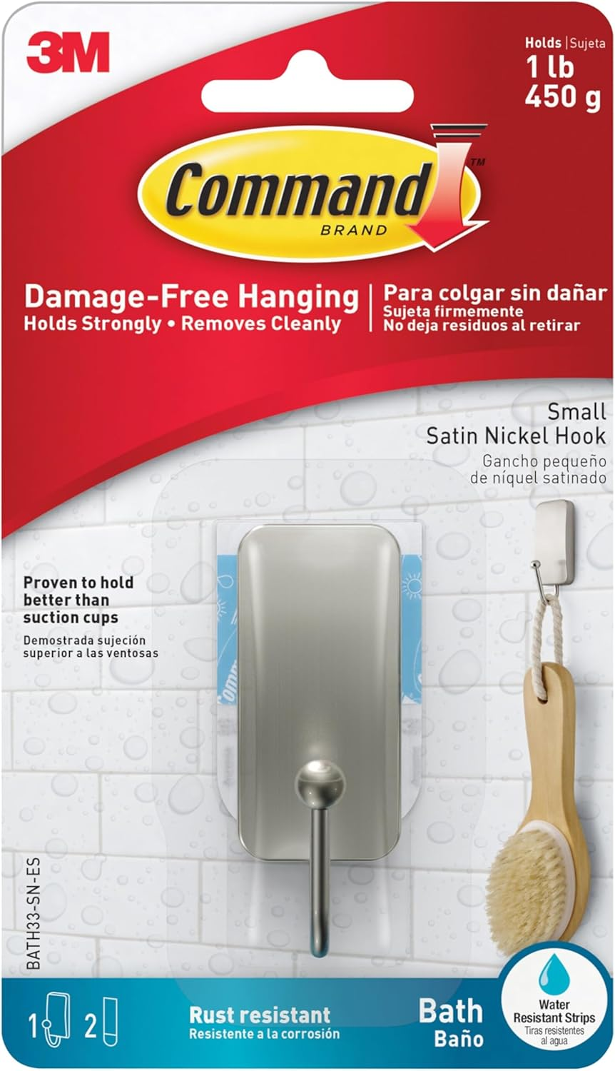 Command Bath Hook, Small, Satin Nickel, 1-Hook, 2-Small Water-Resistant Strips (BATH33-SN-ES) image number 1