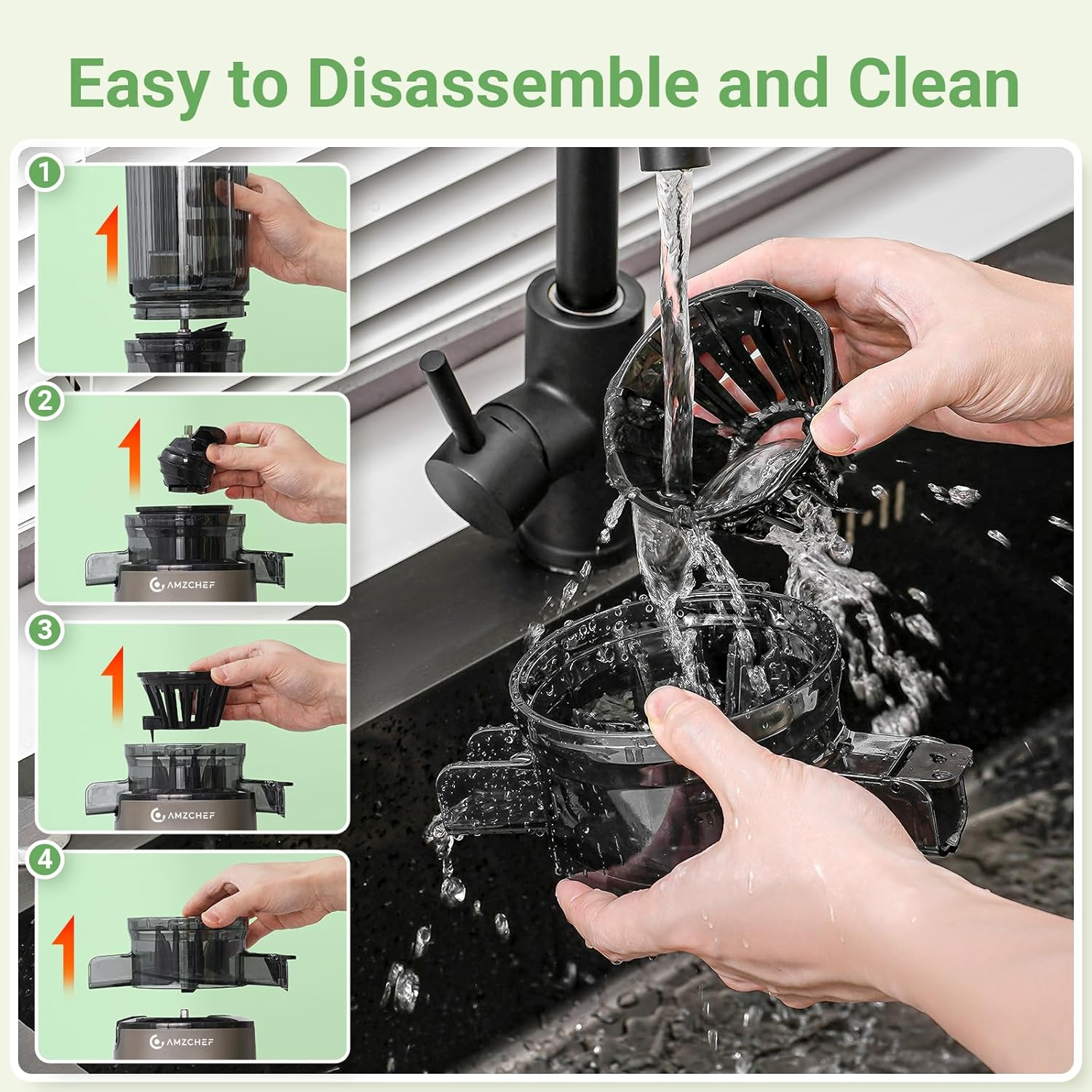 AMZCHEF Cold Press Slow Juicer with 1.5L and 110Mm Feeding Chute for Whole Fruits and Vegetables, Masticating Juicer Machine with High Juice Yield and Reverse Function, Easy to Clean, Bpa-Free image number 4