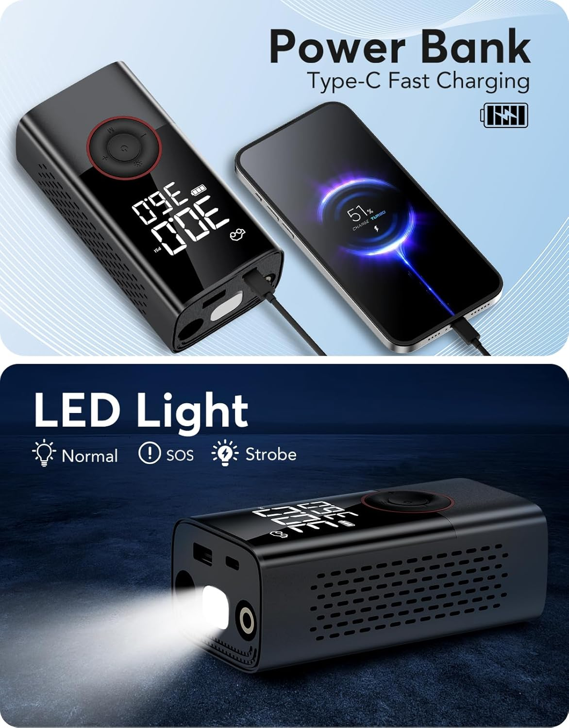 OMQ Tire Inflator Portable Air Compressor, 150PSI Smart Air Pump for Car Tires with LED Light, Cordless Tire Pump with Digital Pressure Gauge, Tire Inflator for Car, Bike, Motorcycle, Ball image number 4