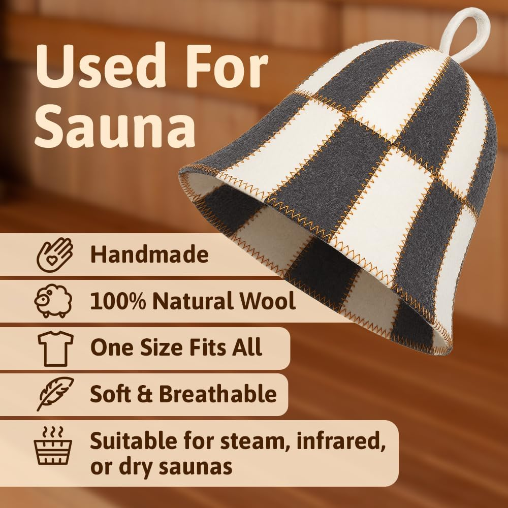 ASKOLD Wool Sauna Hat Checkered - Banya Hat for Men and Women, Sauna Cap in Grey and White