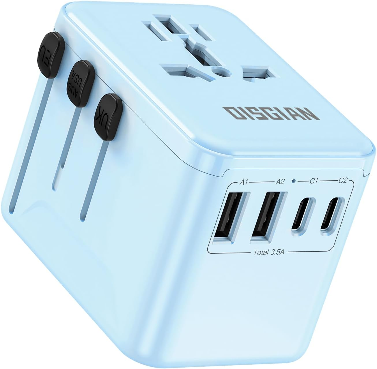 DISGIAN Travel Adapter,Universal Power Adaptor with Super Fast Charger 2 Port Type-C and 2 USB-A for Phone,Laptop,Tablet,Worldwide Travel Plug for Type A/C/G/I USA, Japan, UK, EU (White)