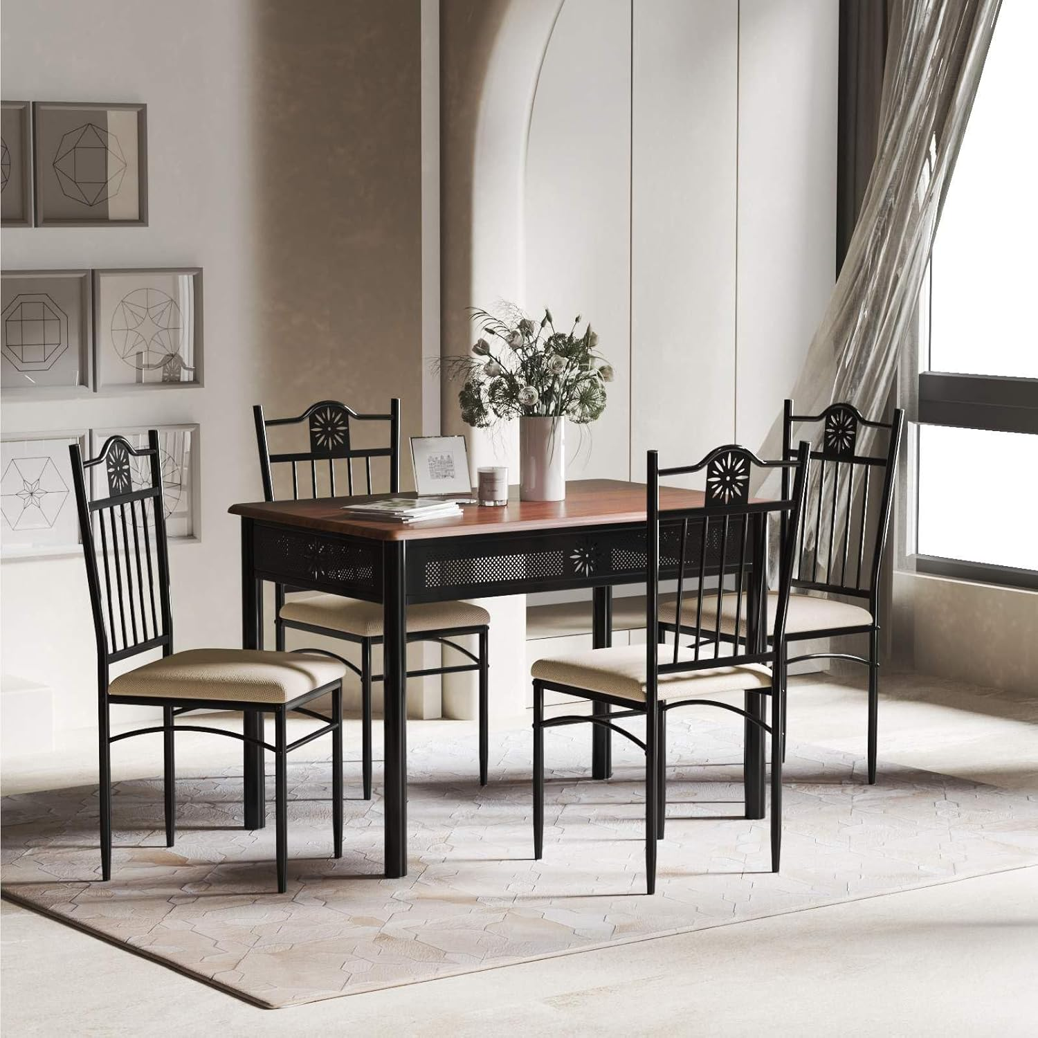 Costway 5 Pieces Dining Table Set, Modern Kitchen Table Set for 4 Person, Rectangular Table W/ 4 Upholstered Chairs, Bistro Table Set for Home, Coffee Shop & Restaurant (Coffee) image number 4