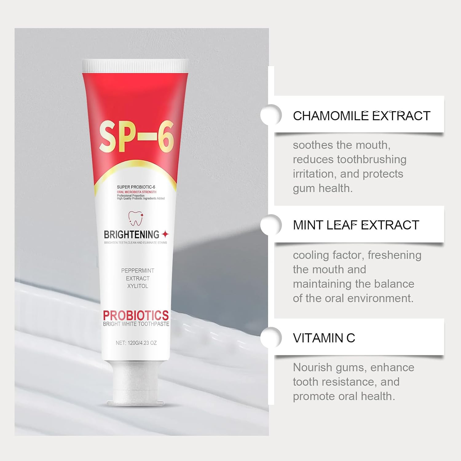 2PCS SP-6 Probiotic Whitening Toothpaste - Enamel-Safe Formula with 6 Probiotics for Teeth Brightening,Gum Health & Fresh Breath,Fluoride-Free,Mint Flavor,120G image number 1