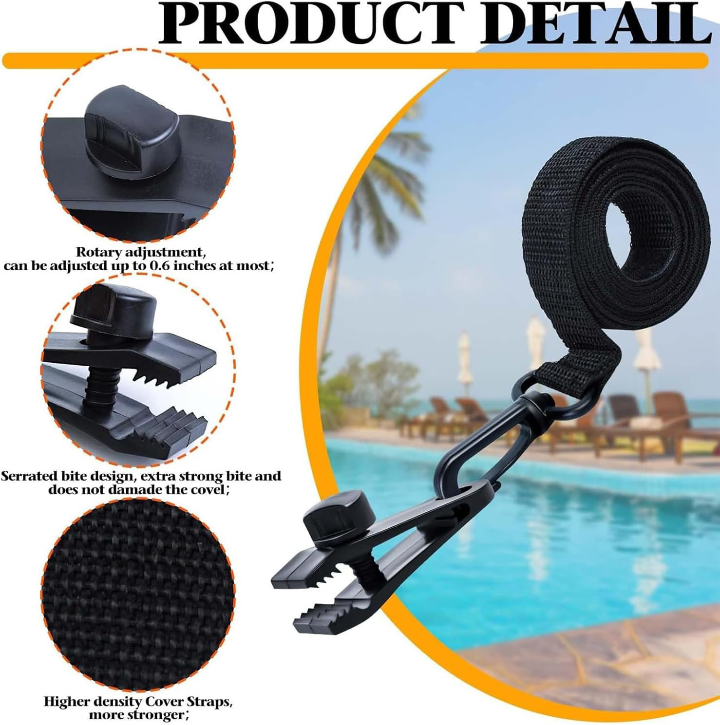 24 Pcs Pool Solar Cover Reel Attachment Kit, Inground Swimming Pool Solar Cover Straps and Clips, Solar Blanket Straps Kit Including 8 Straps with Hooks, 8 Clips and 8 Touch Fastener image number 4
