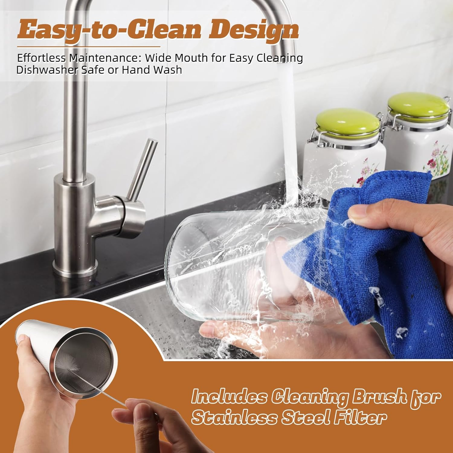 Cnsndqedke Cold Brew Coffee Maker, 32 Oz Wide Mouth Mason Jar Pitcher with Stainless Steel Filter, Pour Spout Handle Lid, Heavy Duty Glass Airtight & Leak-Proof Pitcher for Iced Coffee & Tea Lemonade image number 5